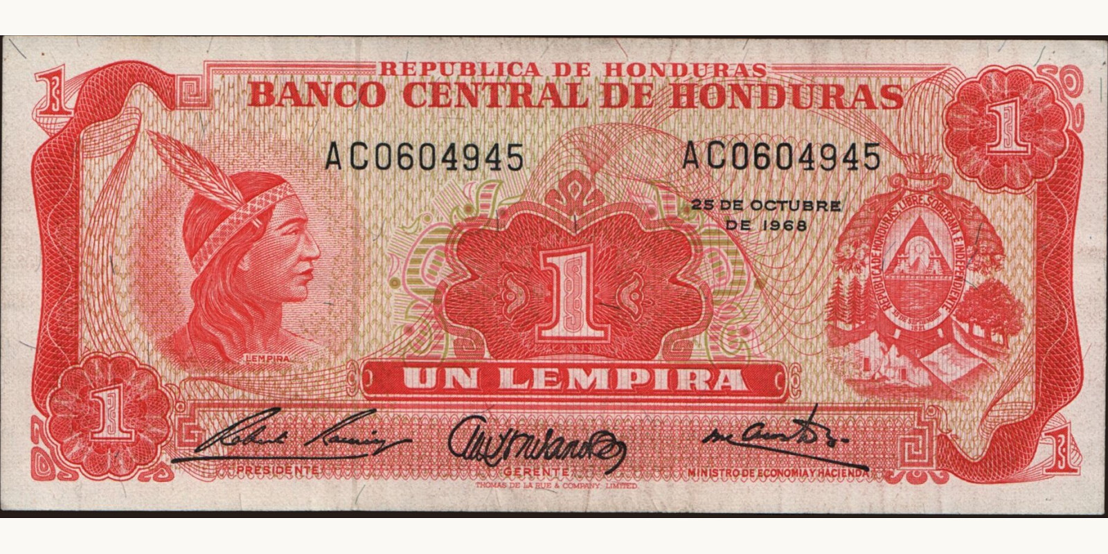 1 lempira Гондурас 1968 — Лицевая сторона