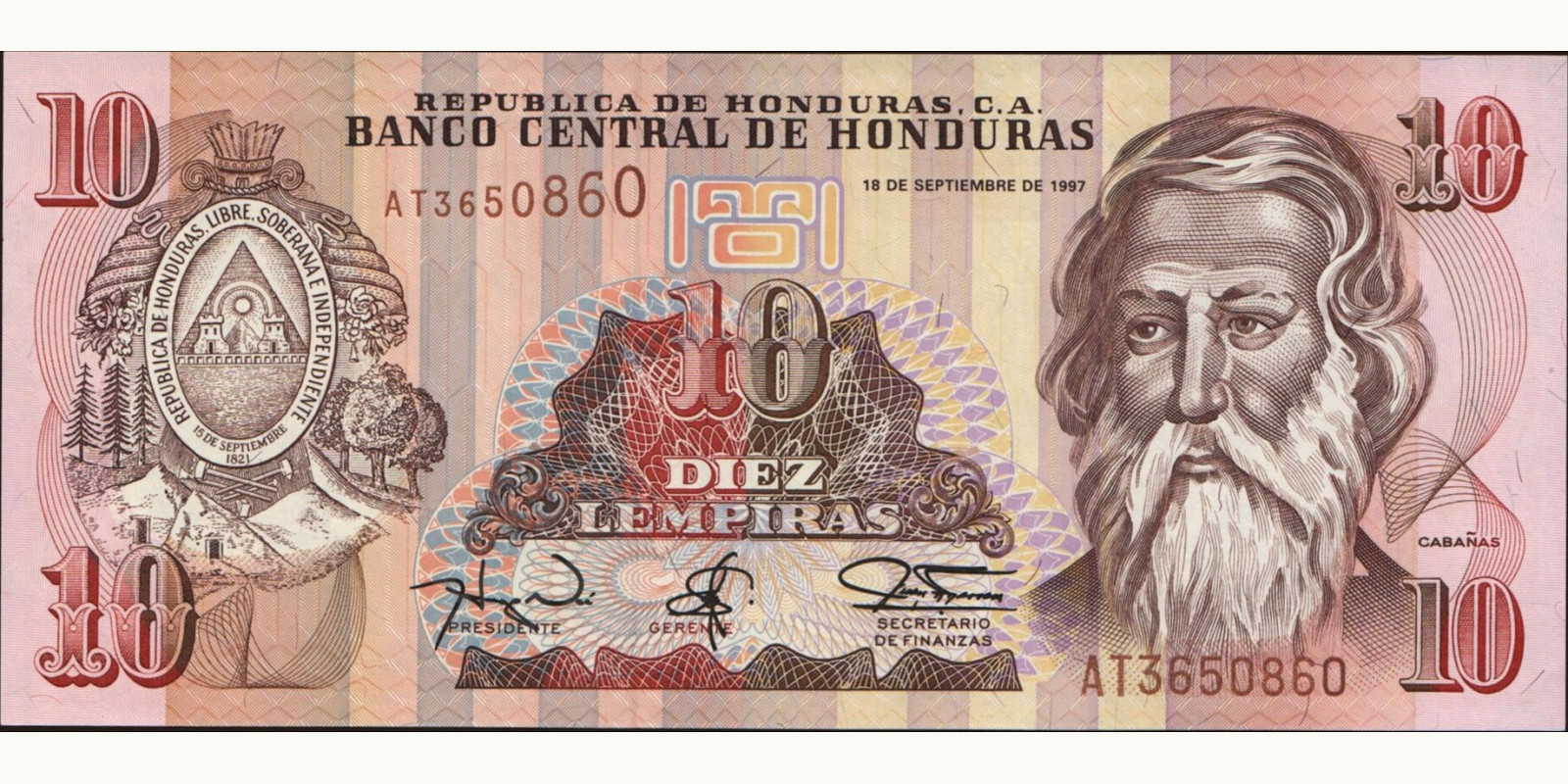 10 lempira Гондурас 1997 — Лицевая сторона