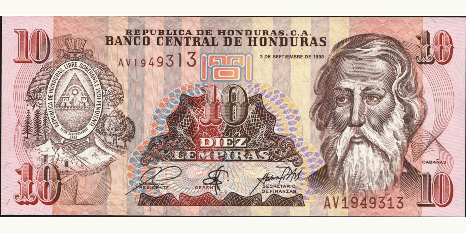 10 lempira Гондурас 1998 — Лицевая сторона