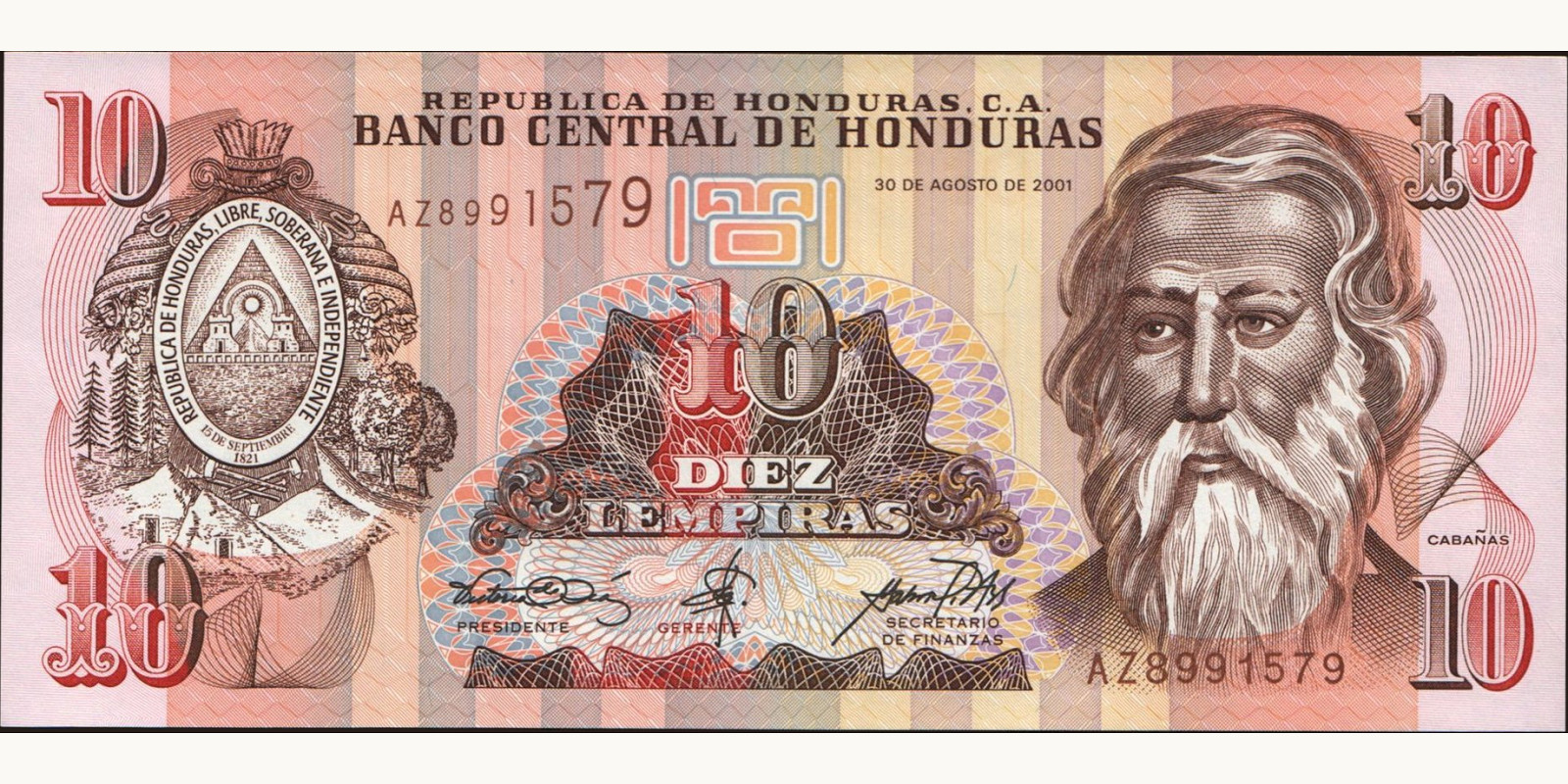 10 lempira Гондурас 2001 — Лицевая сторона