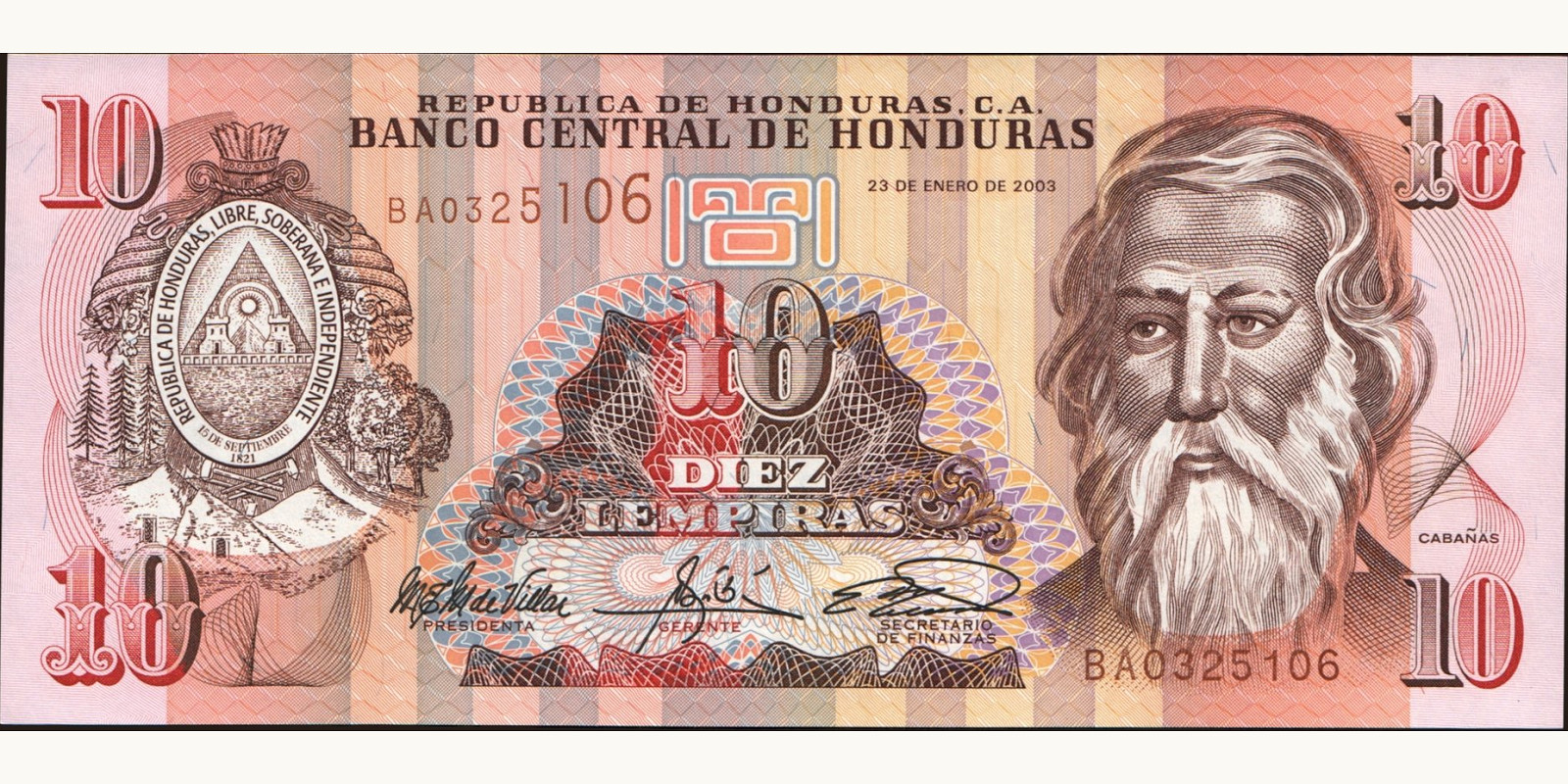10 lempira Гондурас 2003 — Лицевая сторона