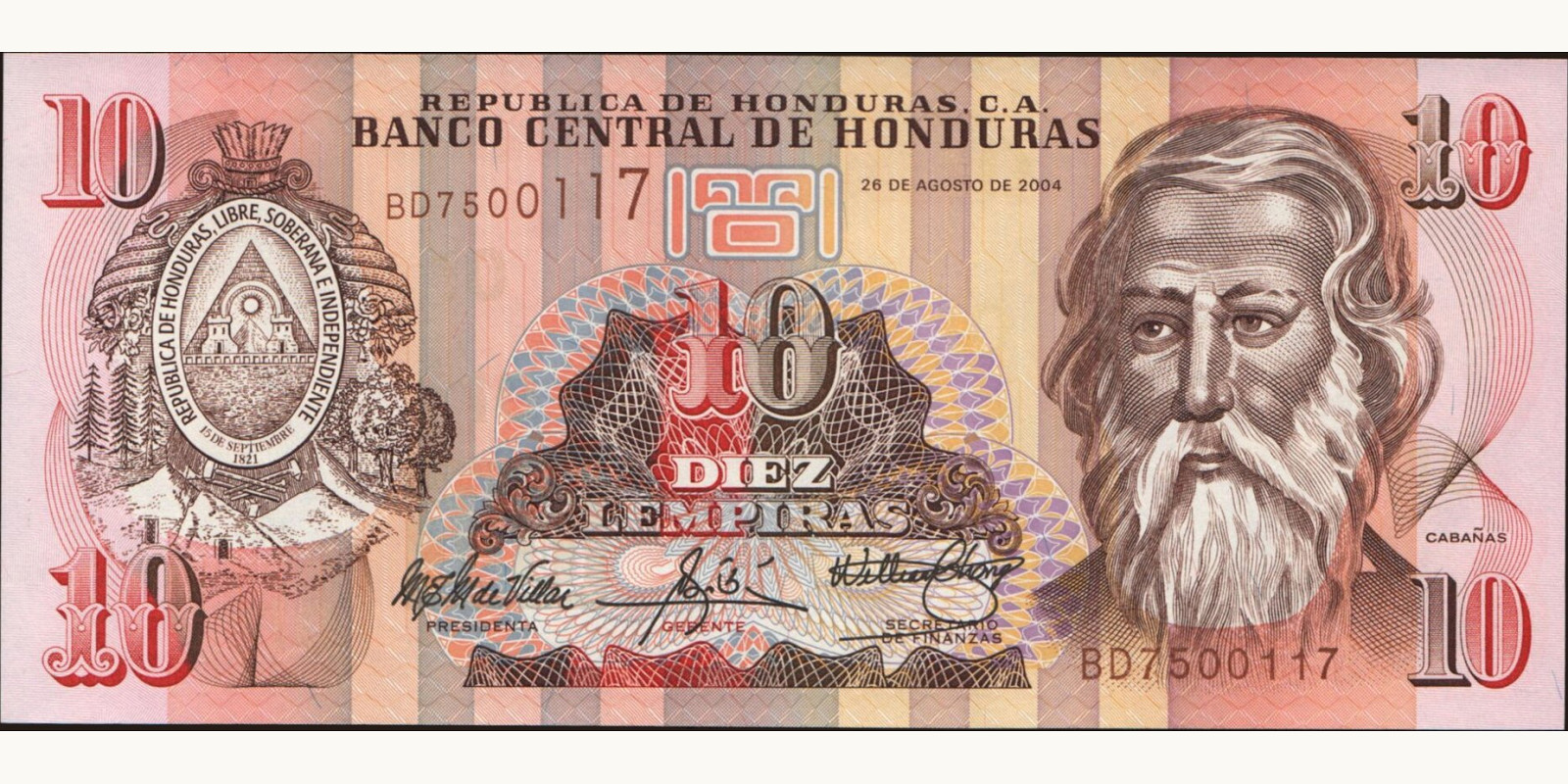 10 lempira Гондурас 2004 — Лицевая сторона