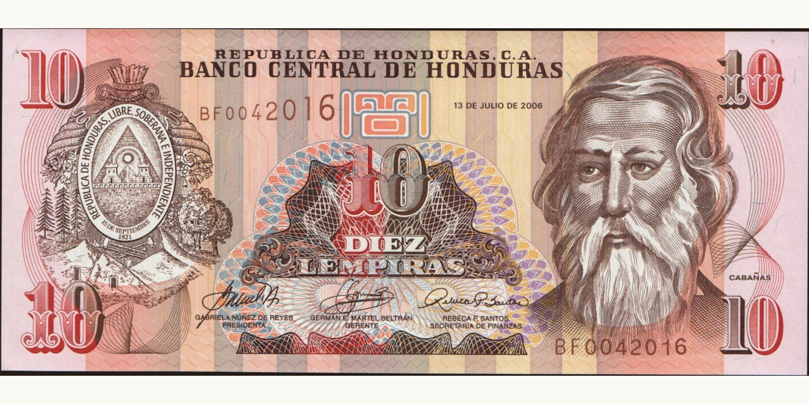 10 lempira Гондурас 2006 — Лицевая сторона
