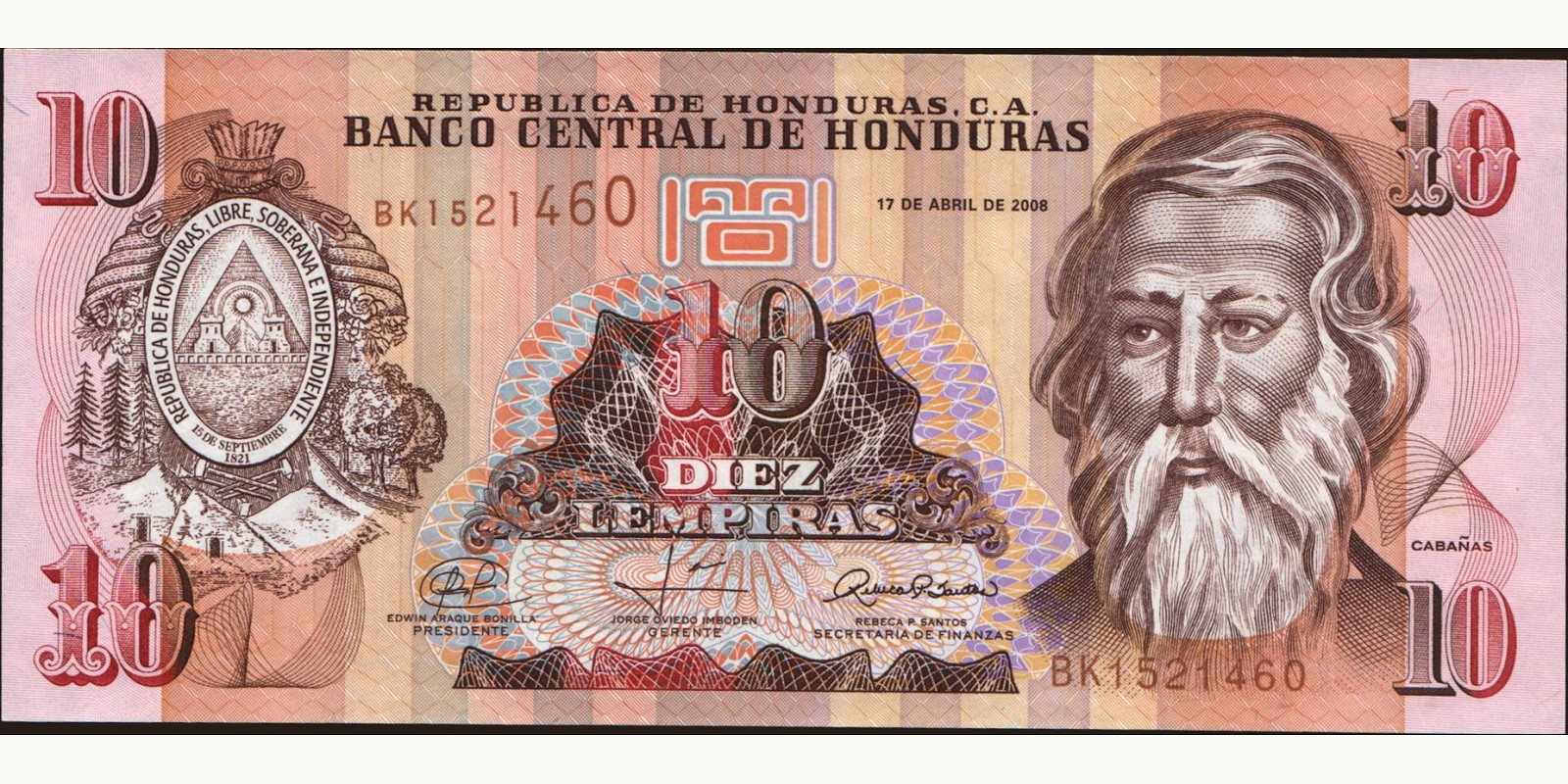 10 lempira Гондурас 2008 — Лицевая сторона