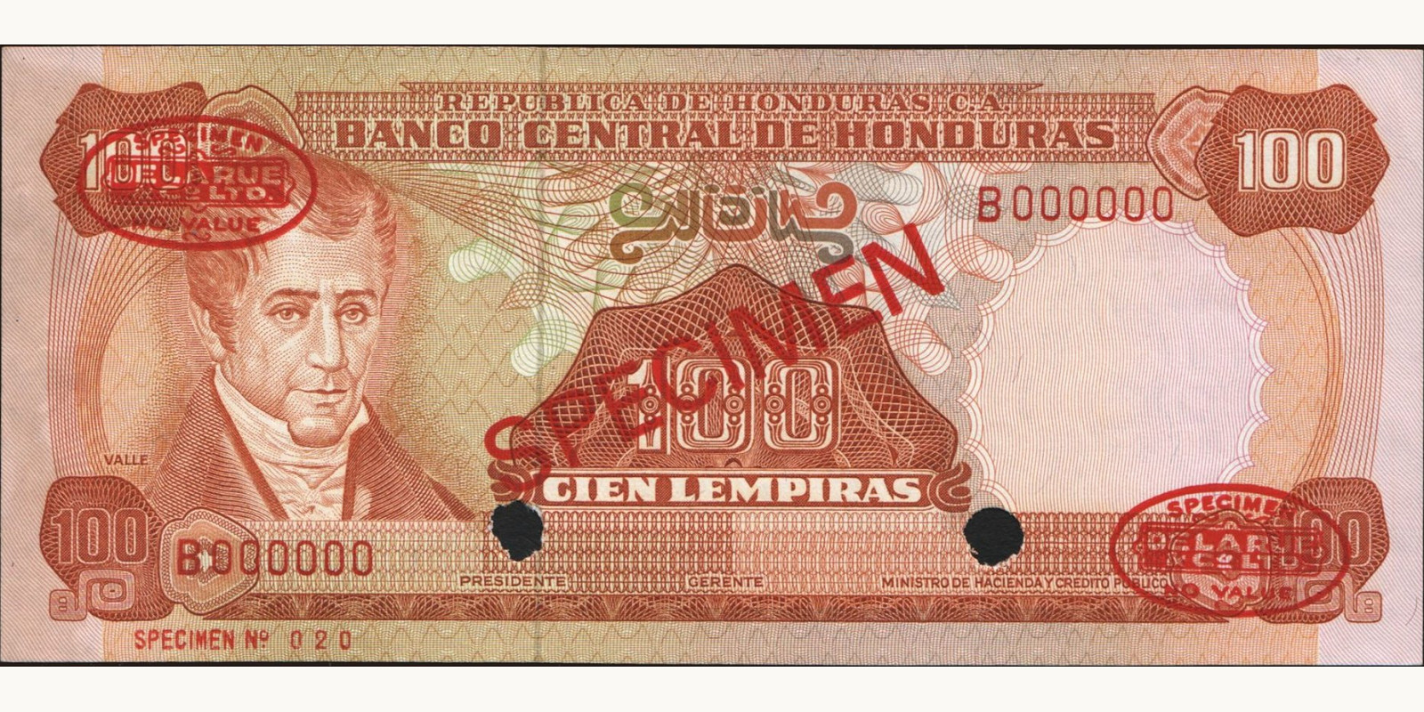 100 lempira Honduras 1975 — Front side
