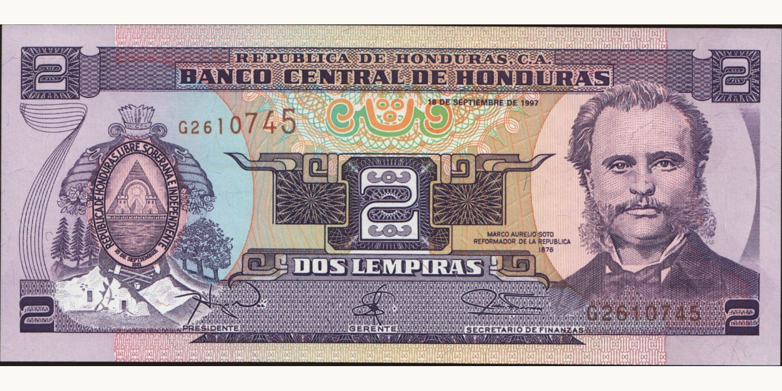 2 lempira Гондурас 1997 — Лицевая сторона