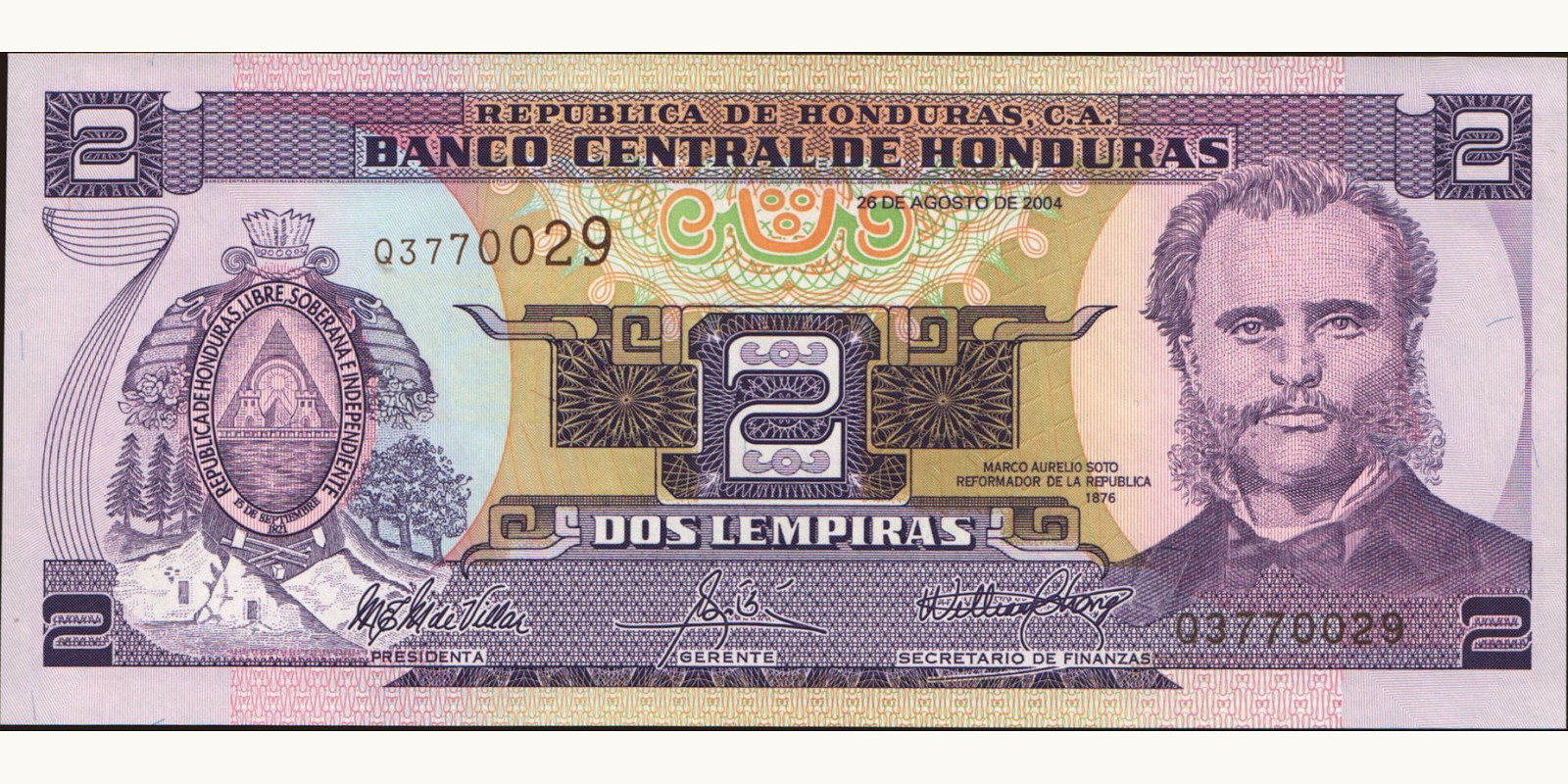 2 lempira Гондурас 2004 — Лицевая сторона