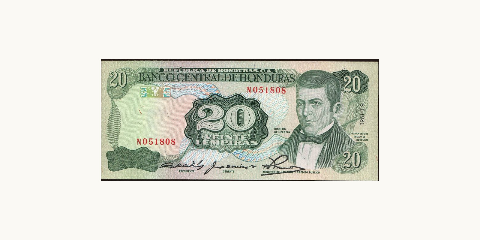 20 lempira Honduras 1981 — Front side