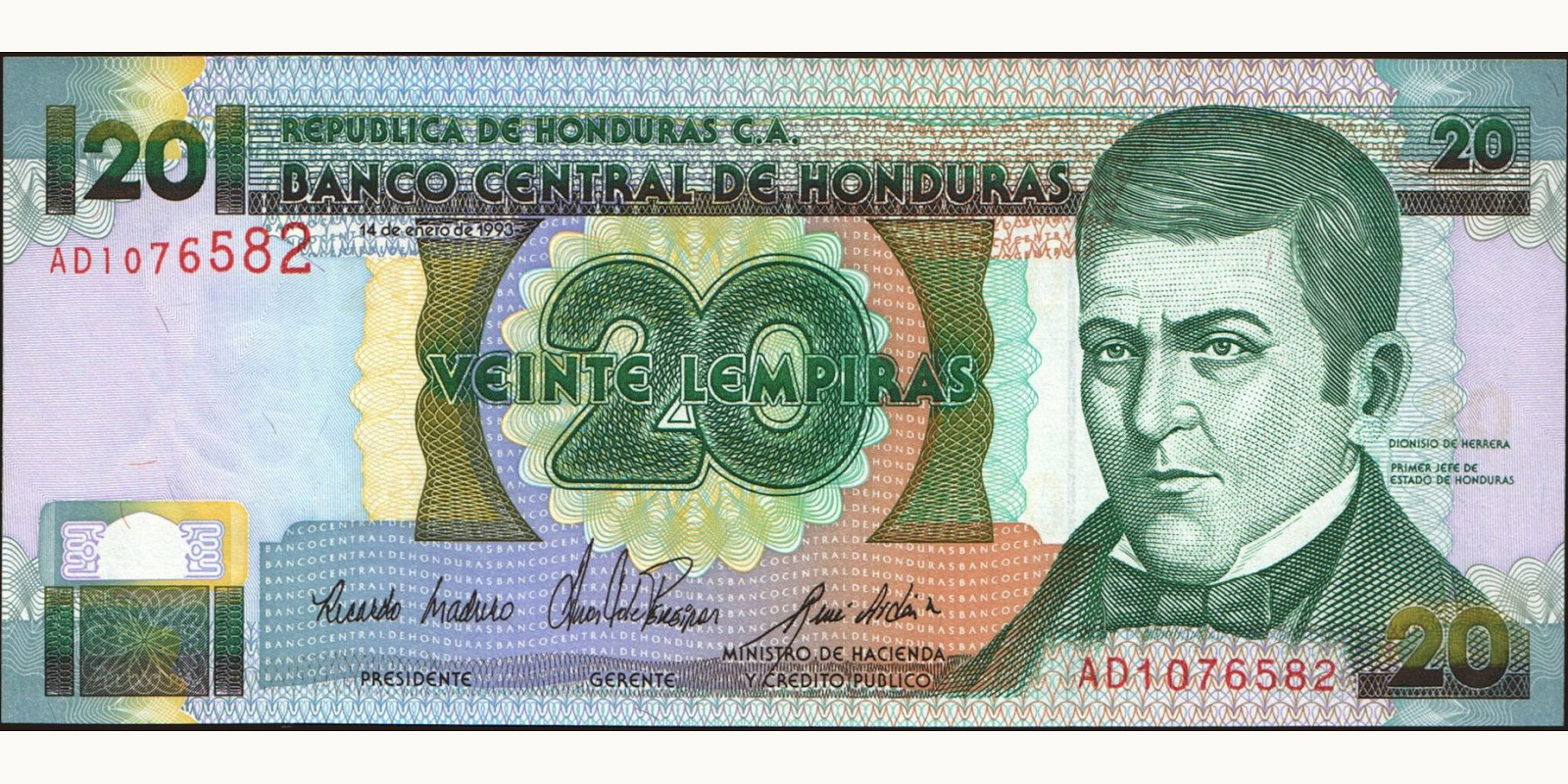 20 lempira Гондурас 1993 — Лицевая сторона