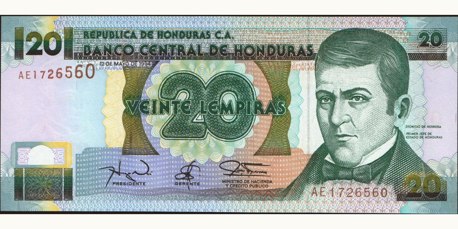 20 lempira Гондурас 1994 — Лицевая сторона