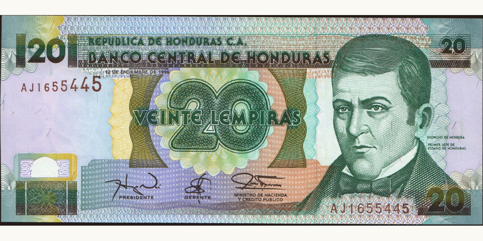 20 lempira Гондурас 1996 — Лицевая сторона