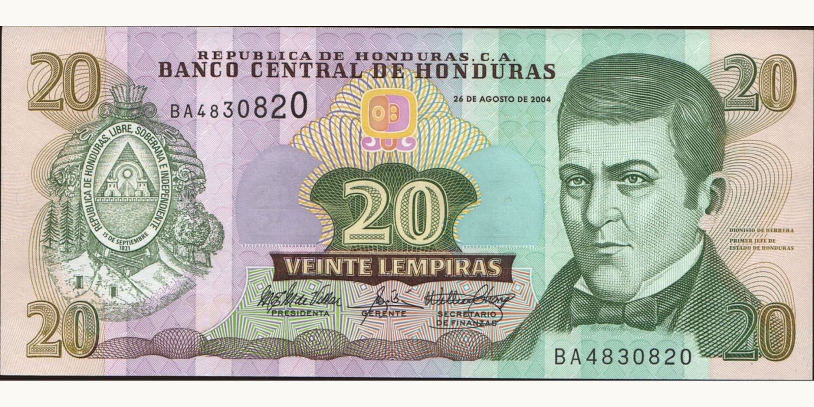 20 lempira Гондурас 2004 — Лицевая сторона