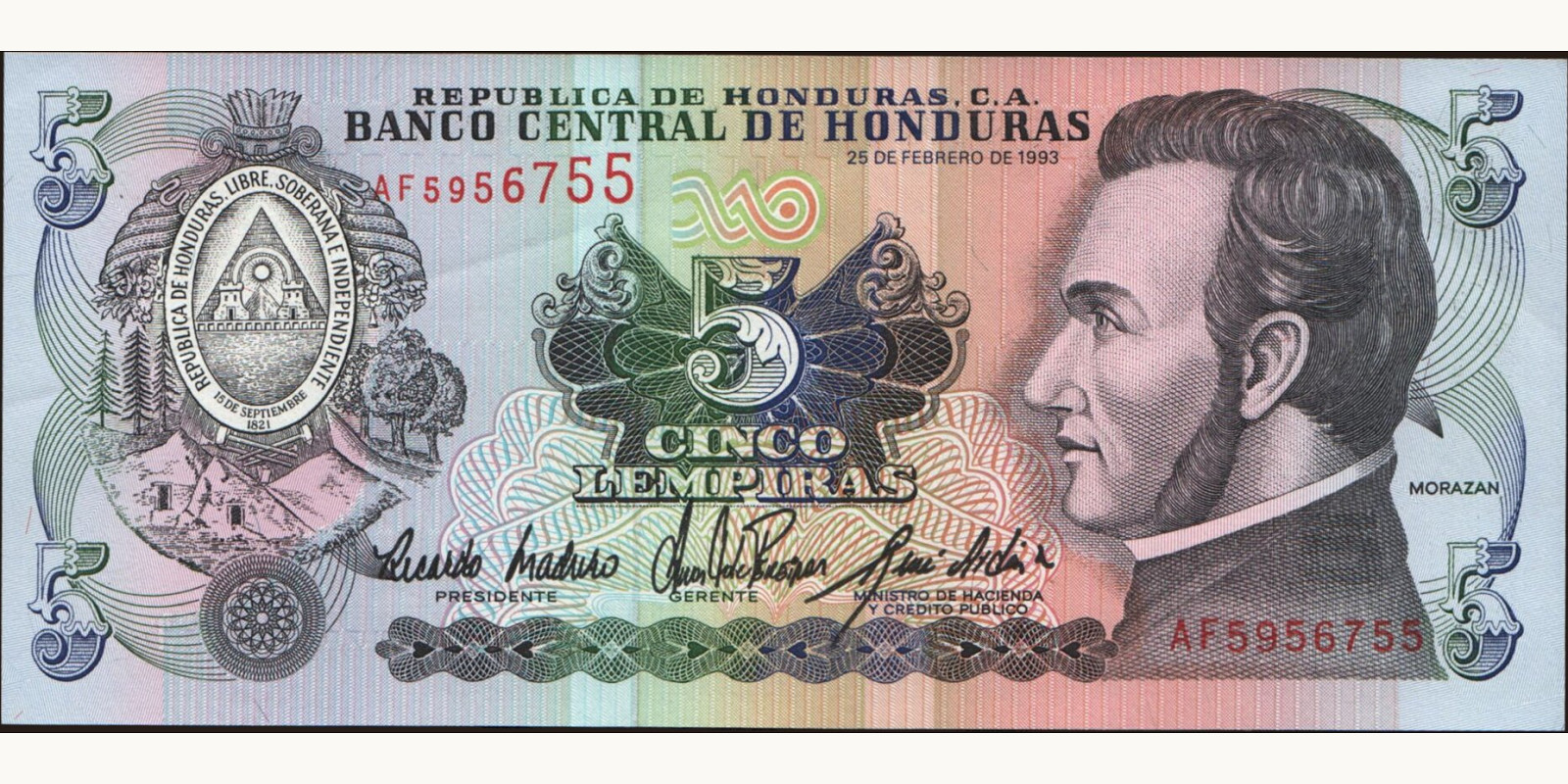 5 lempira Honduras 1993 — Front side