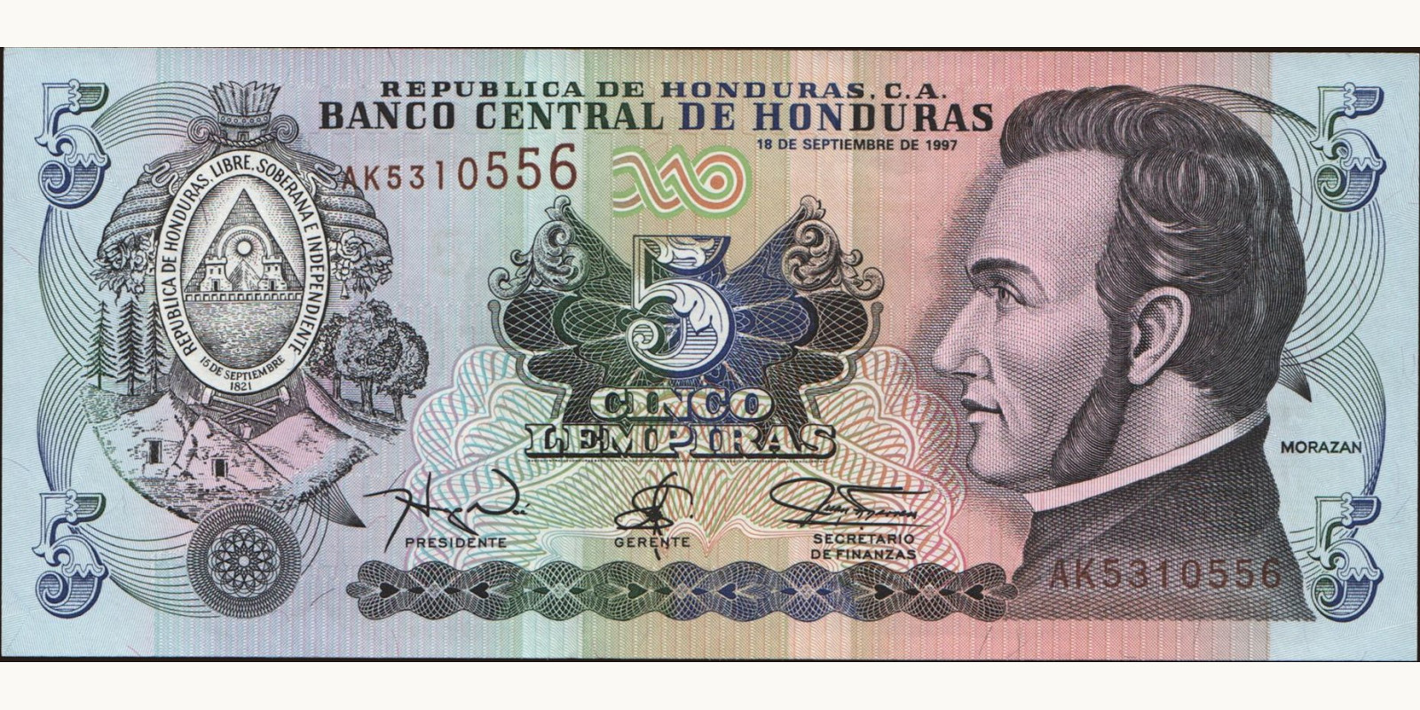 5 lempira Гондурас 1997 — Лицевая сторона