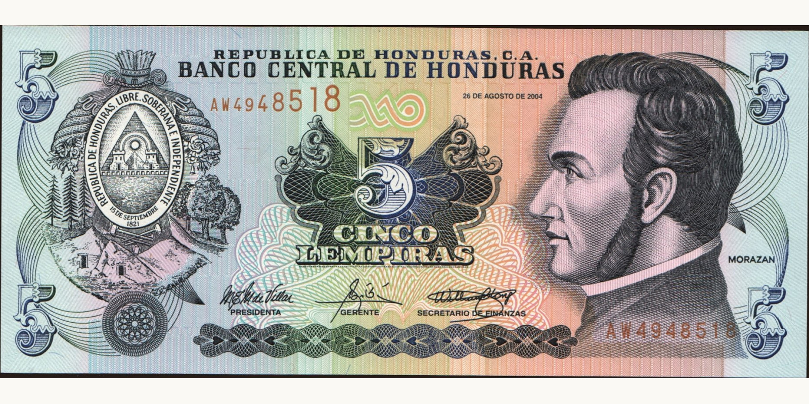 5 lempira Гондурас 2004 — Лицевая сторона