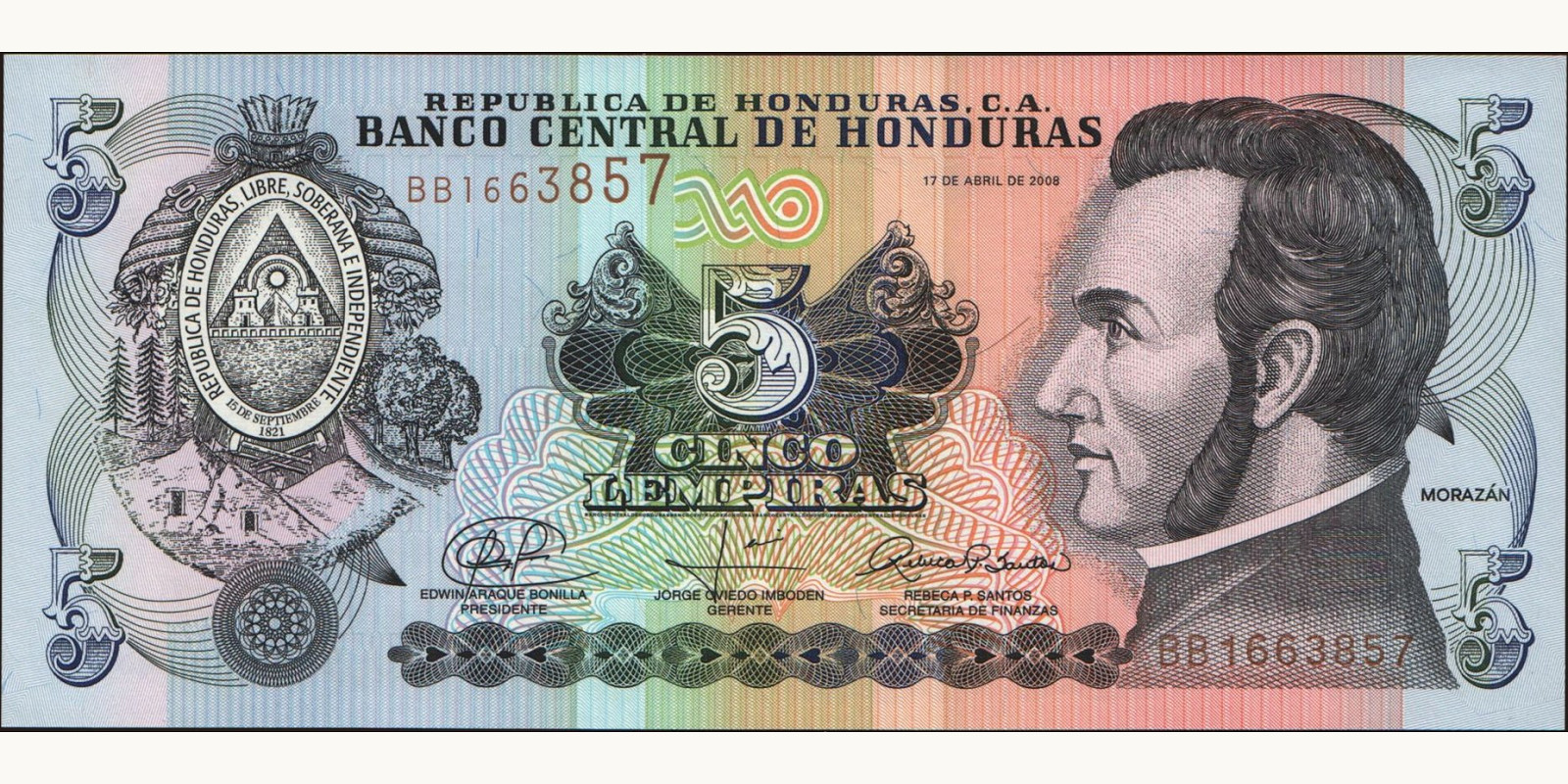 5 lempira Гондурас 2008 — Лицевая сторона