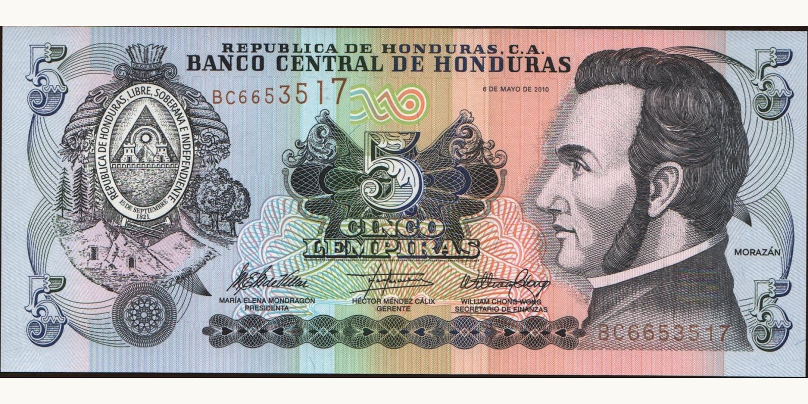 5 lempira Гондурас 2010 — Лицевая сторона