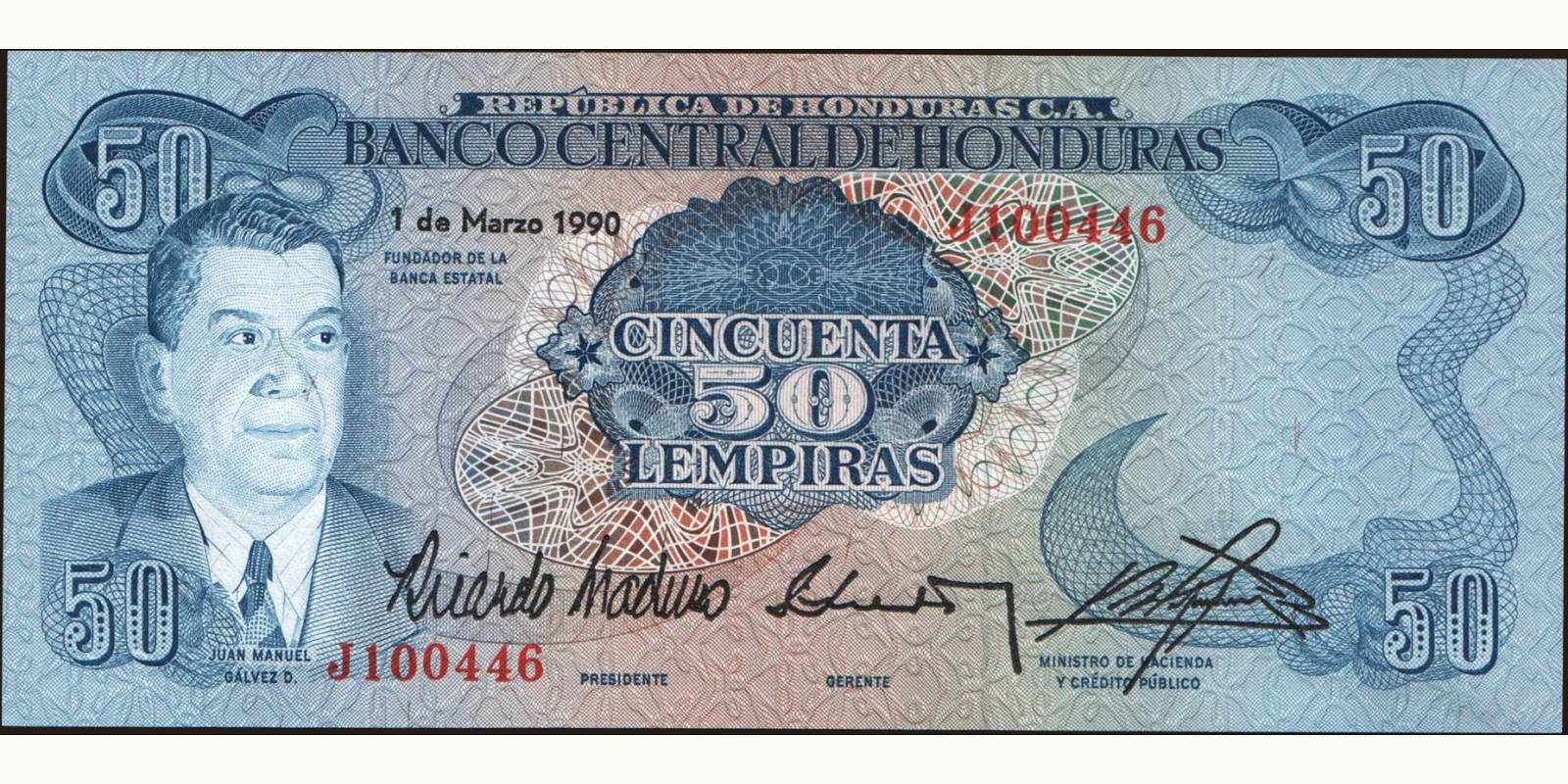 50 lempira Гондурас 1990 — Лицевая сторона