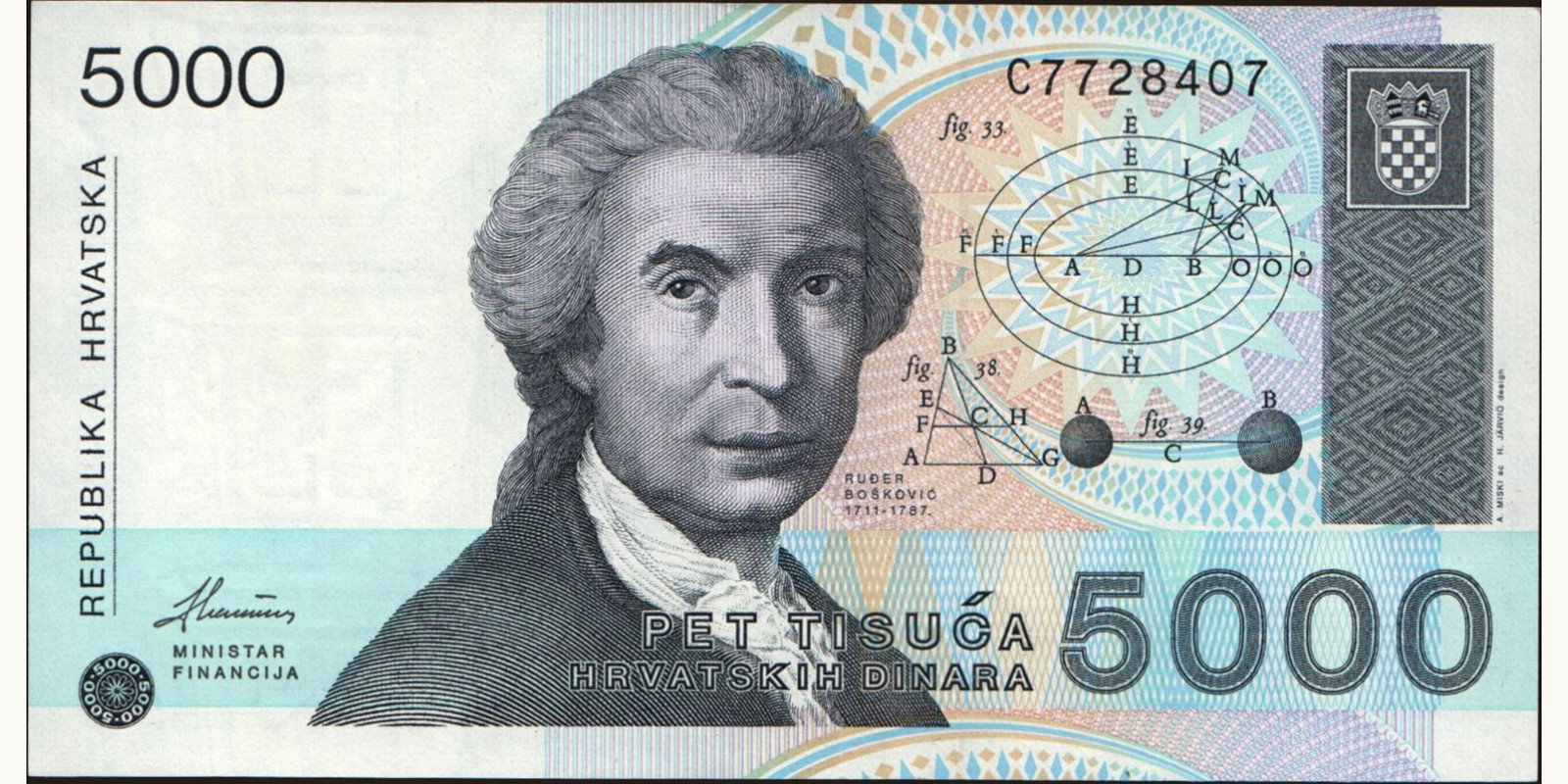 5000 dinars Croatia 1992 — Front side
