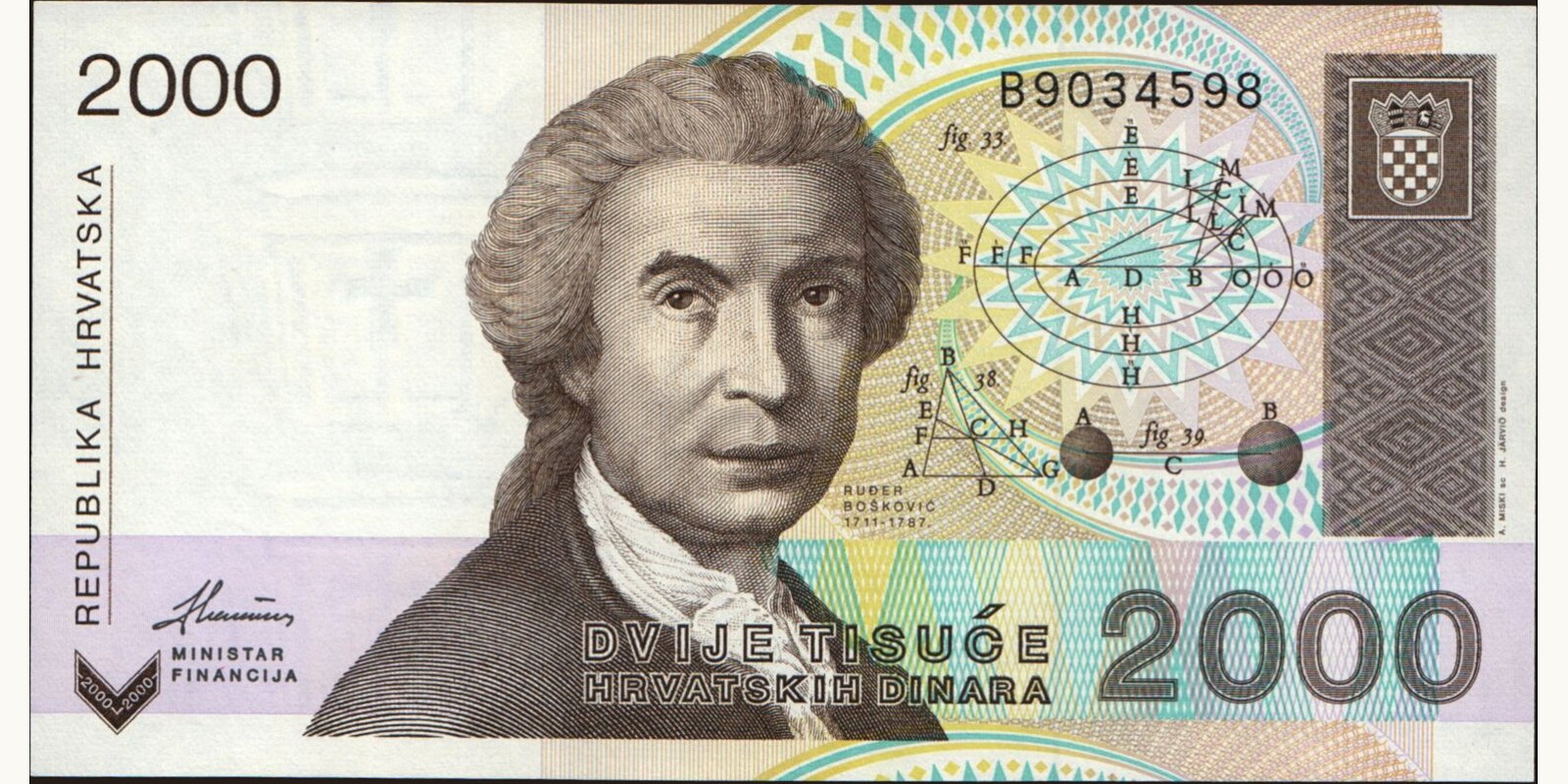 1992 dinars Хорватия 2000 — Лицевая сторона