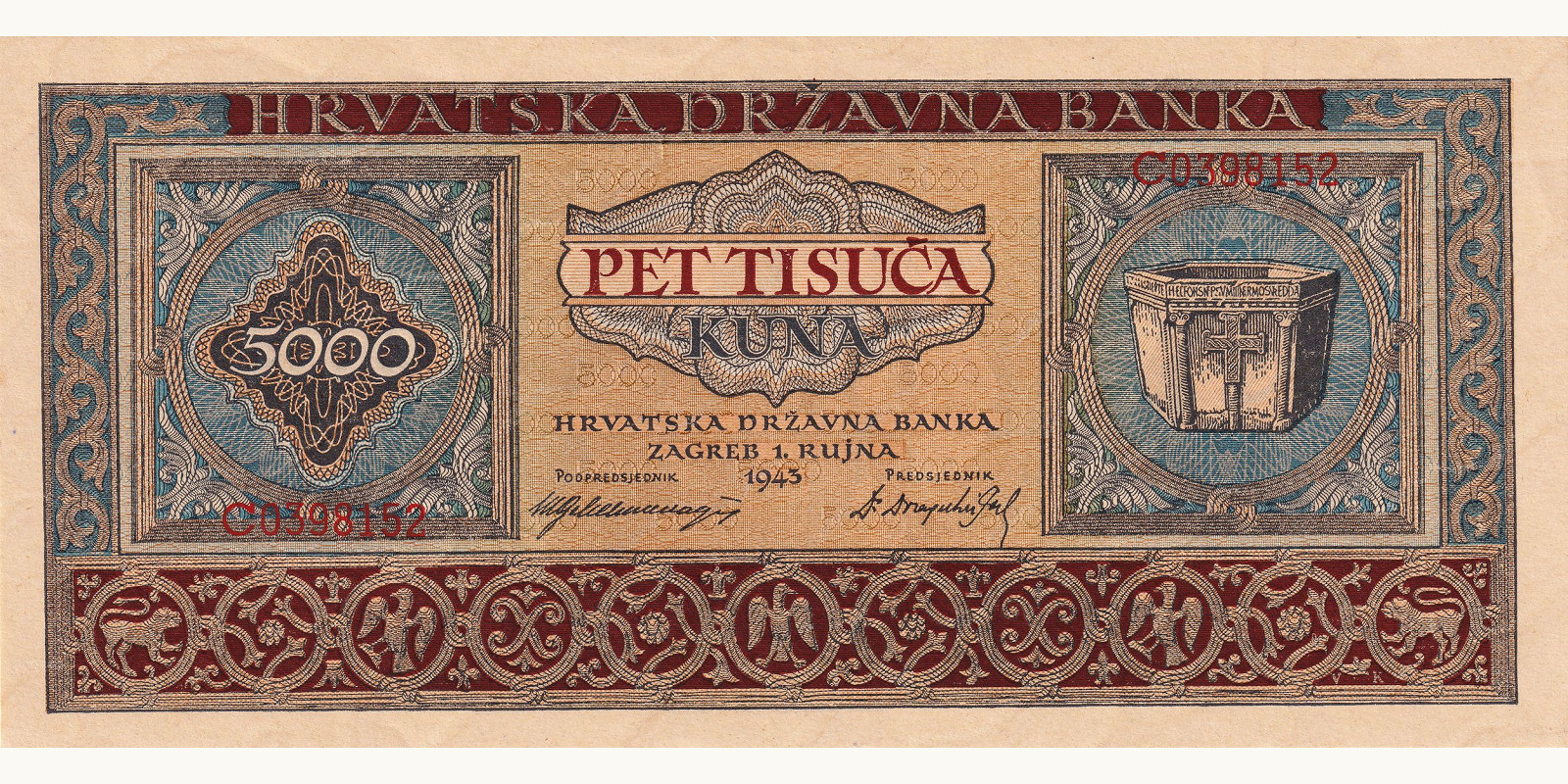 5000 kuna Хорватия 1943 — Лицевая сторона