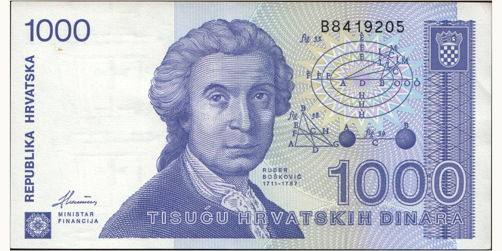 1000 dinars Хорватия 1991 — Лицевая сторона