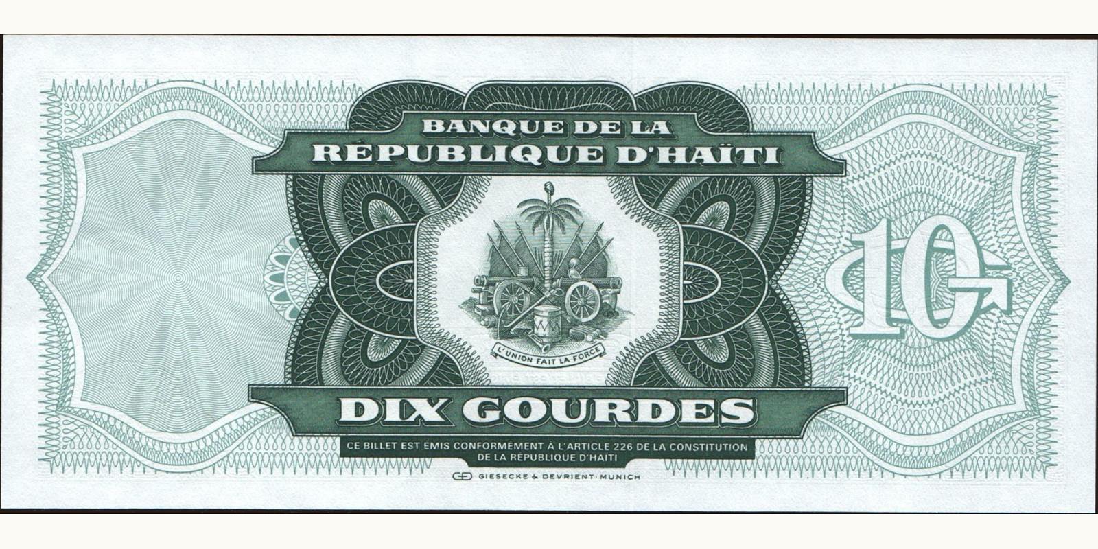 10 gourde Haiti 1991 — Back side