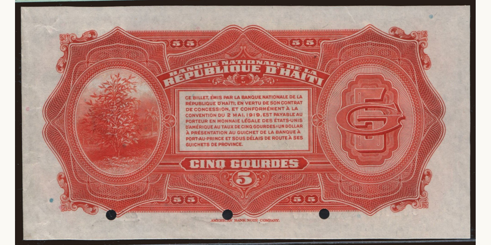 5 gourde Гаити 1919 — Оборотная сторона