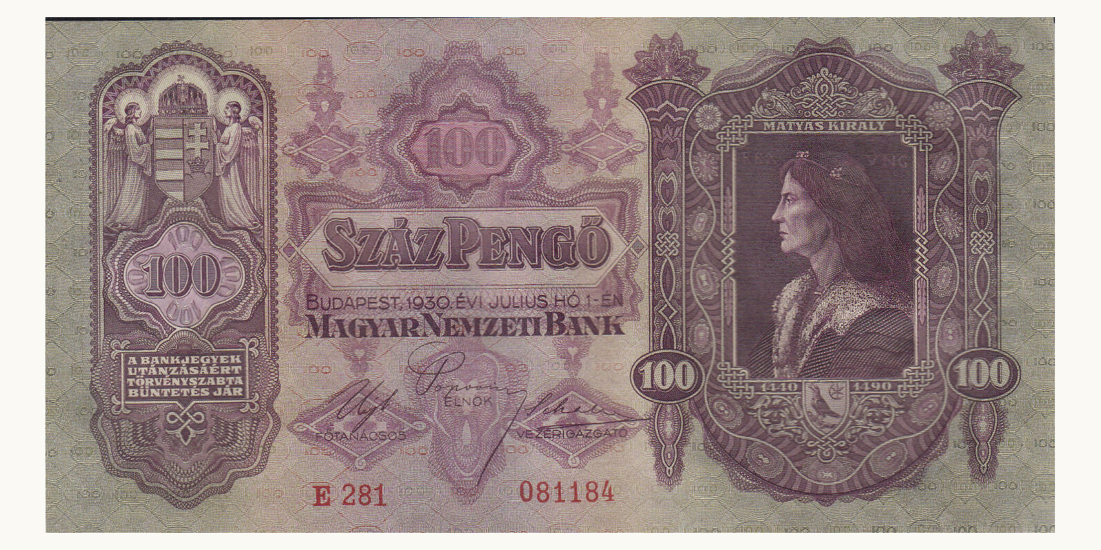 100 pengo Венгрия 1930 — Лицевая сторона