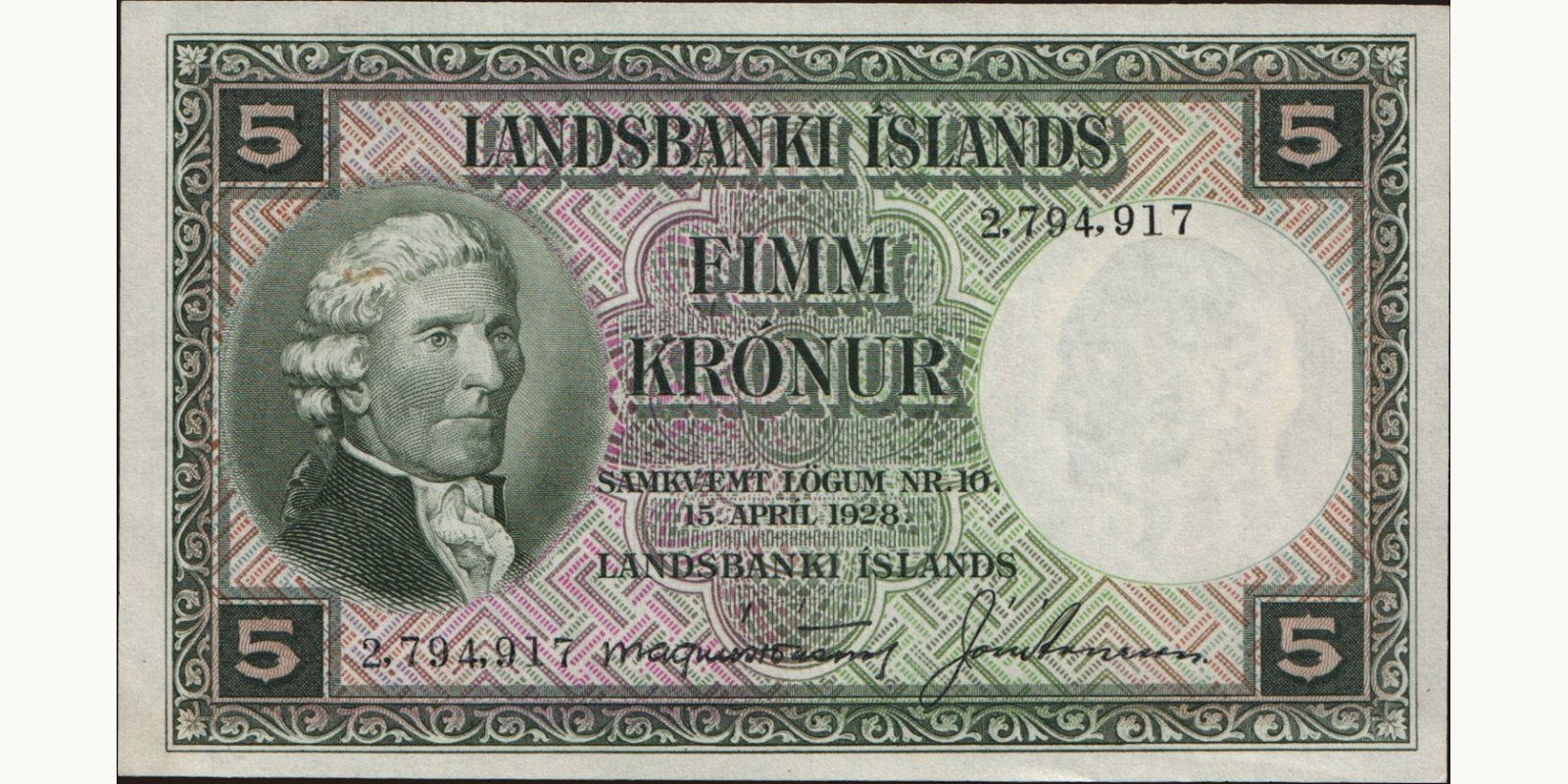 5 kronur Исландия 1928 — Лицевая сторона