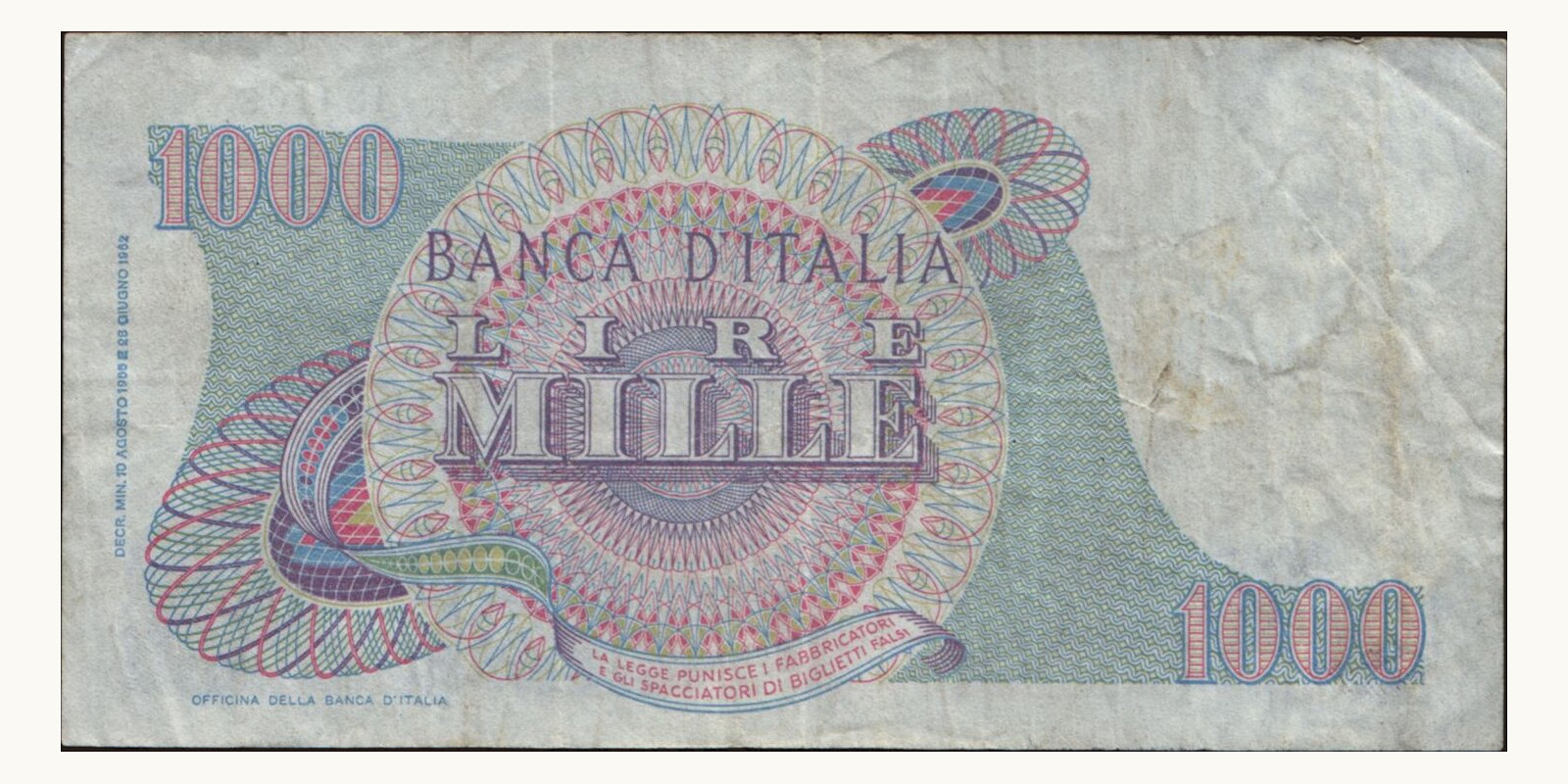 1000 lira Италия 1965 — Оборотная сторона