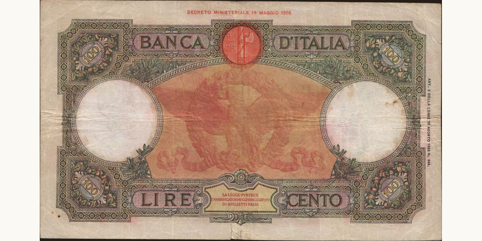 100 lira Italy 1934 — Back side