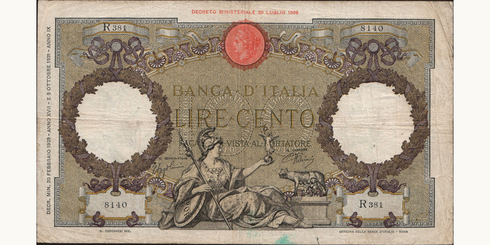 100 lira Italy 1939 — Front side