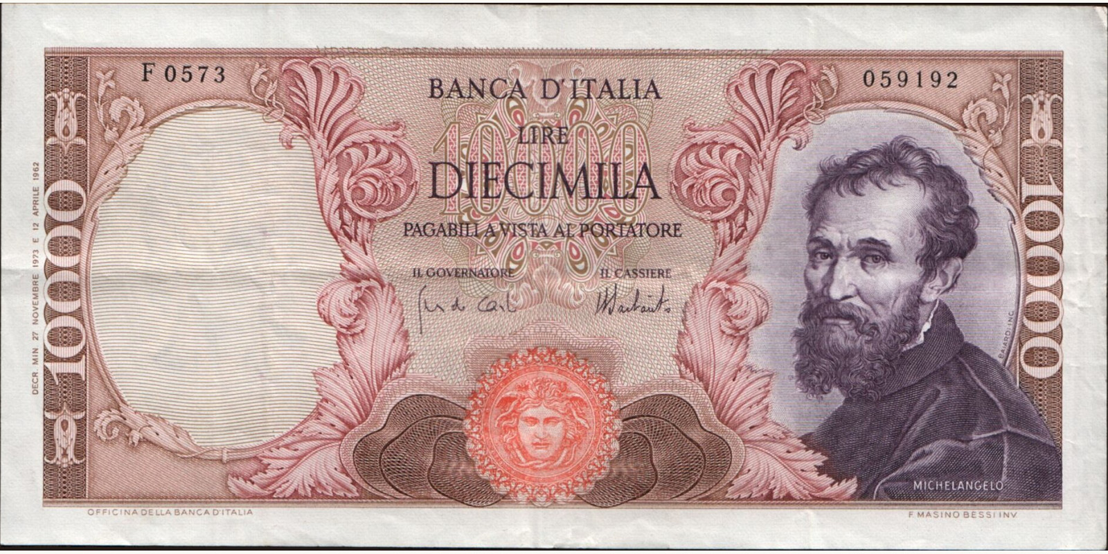10000 lira Италия 1973 — Лицевая сторона