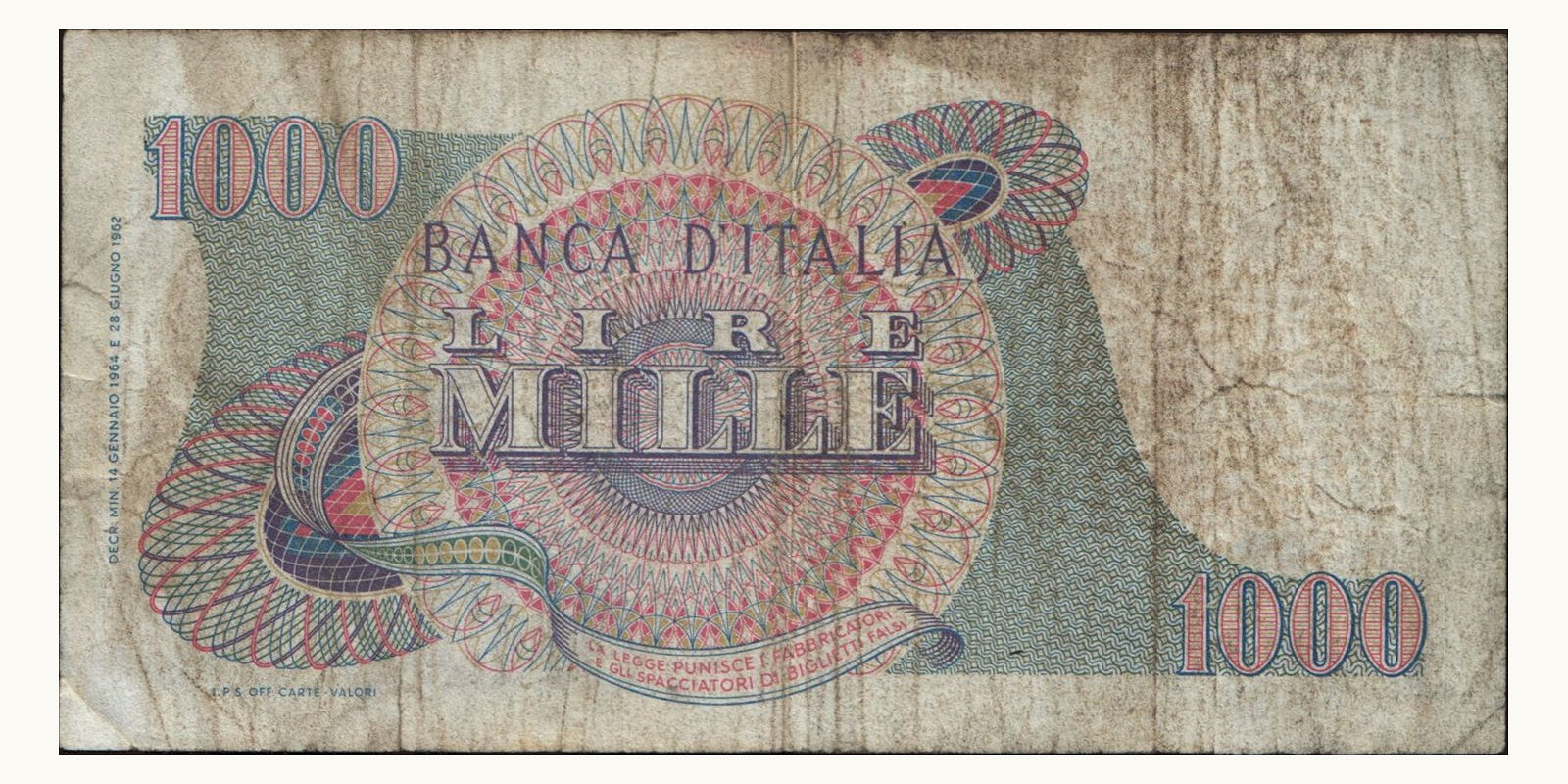 1000 lira Италия 1964 — Оборотная сторона