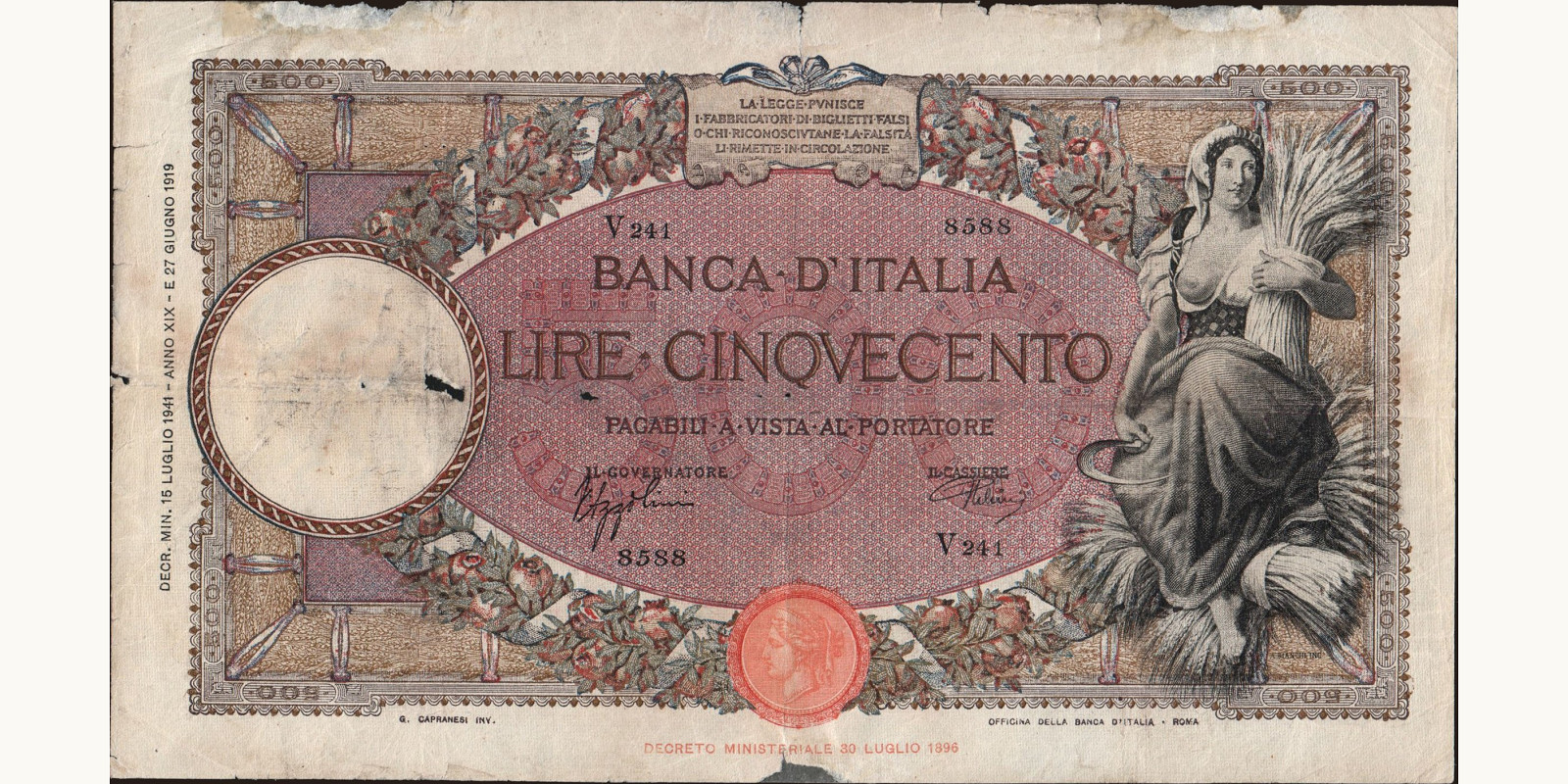 500 lira Италия 1941 — Лицевая сторона