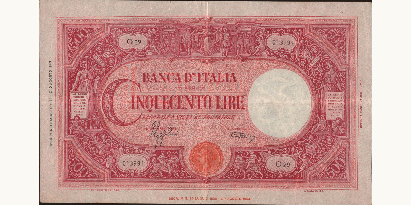 500 lira Italy 1944 — Front side