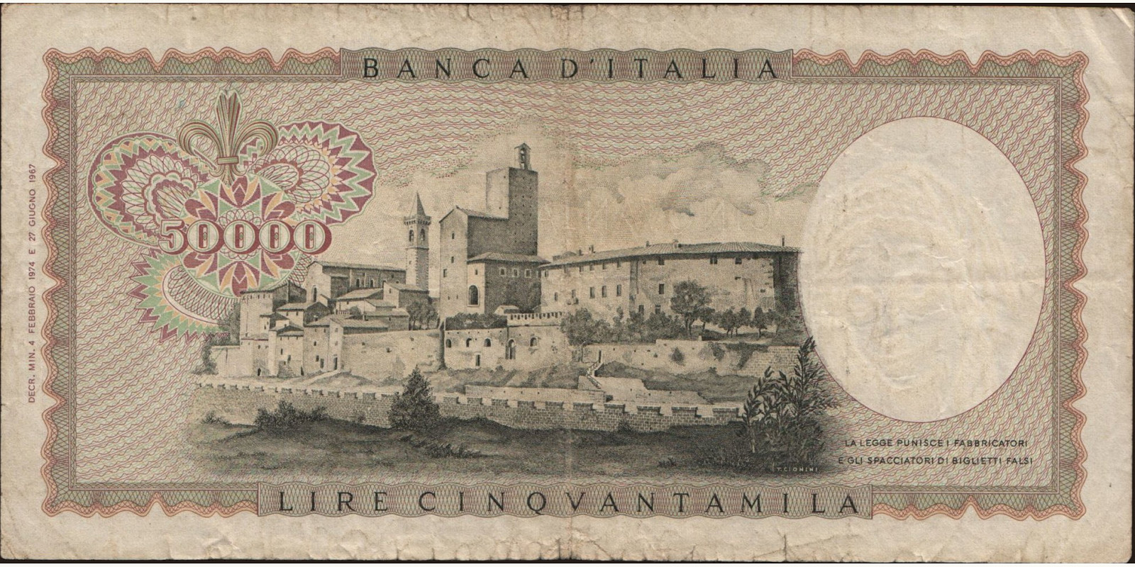 50000 lira Italy 1974 — Back side