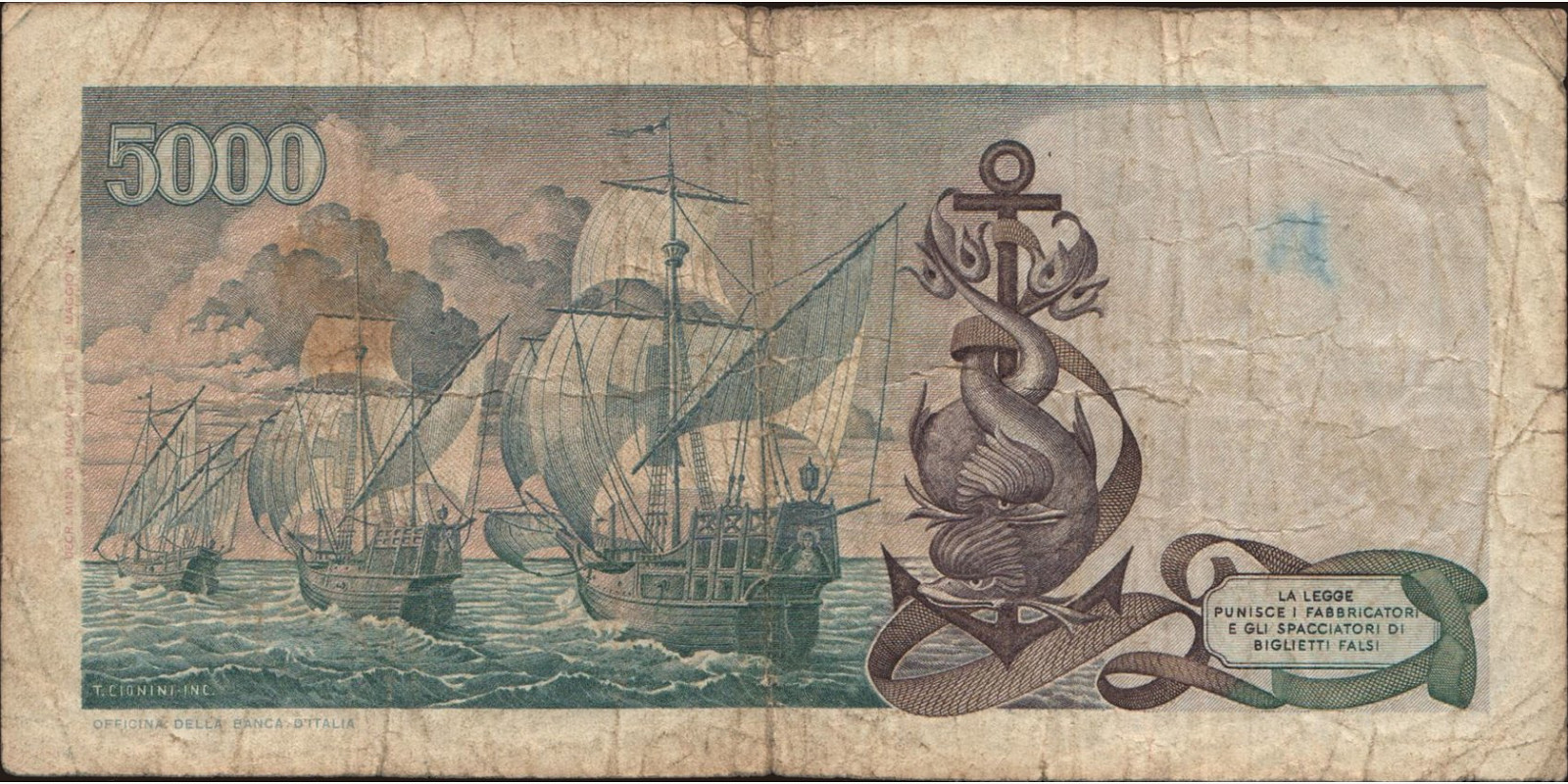 5000 lira Италия 1971 — Оборотная сторона
