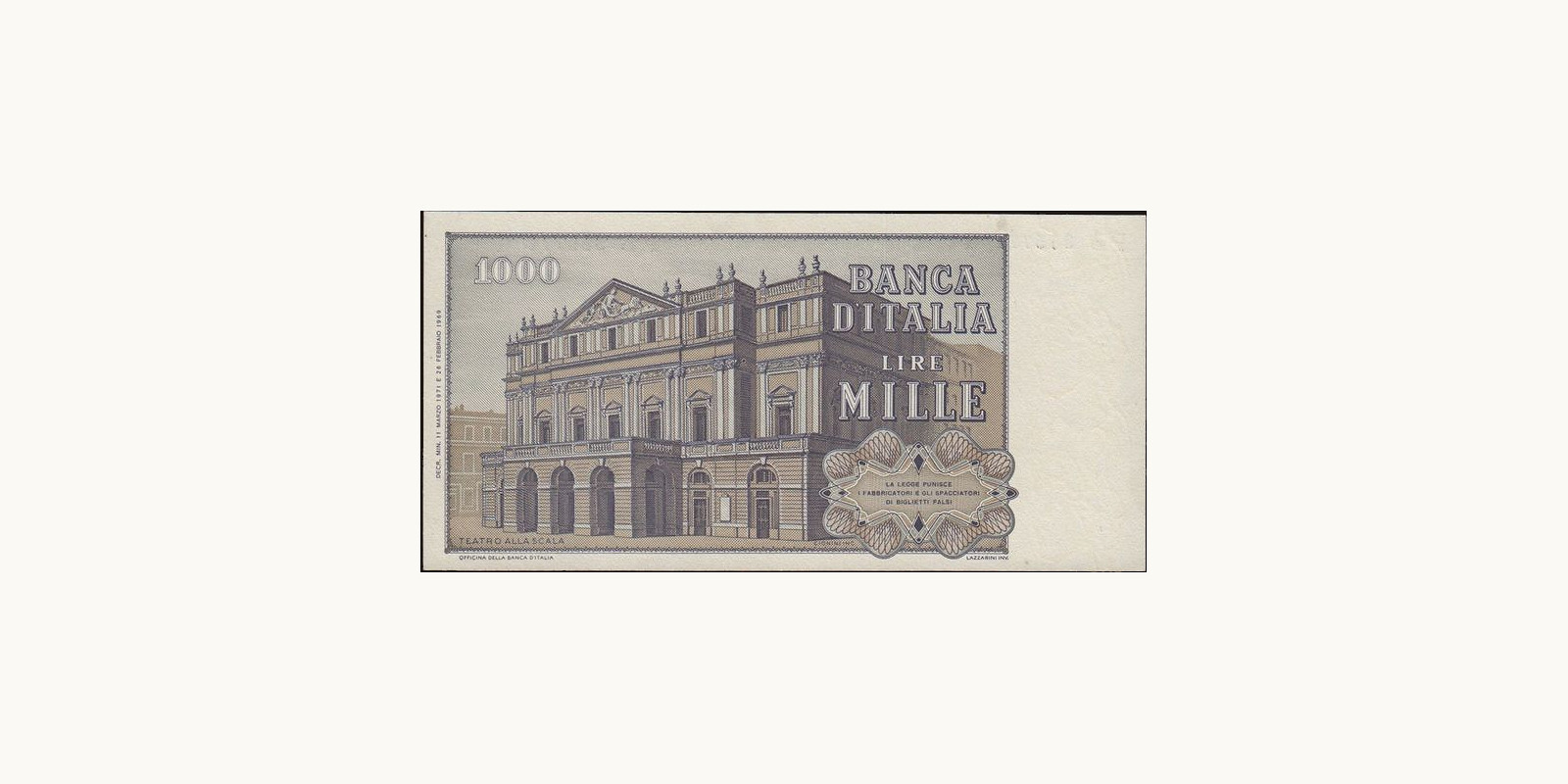 1000 lira Italy 1971 — Back side