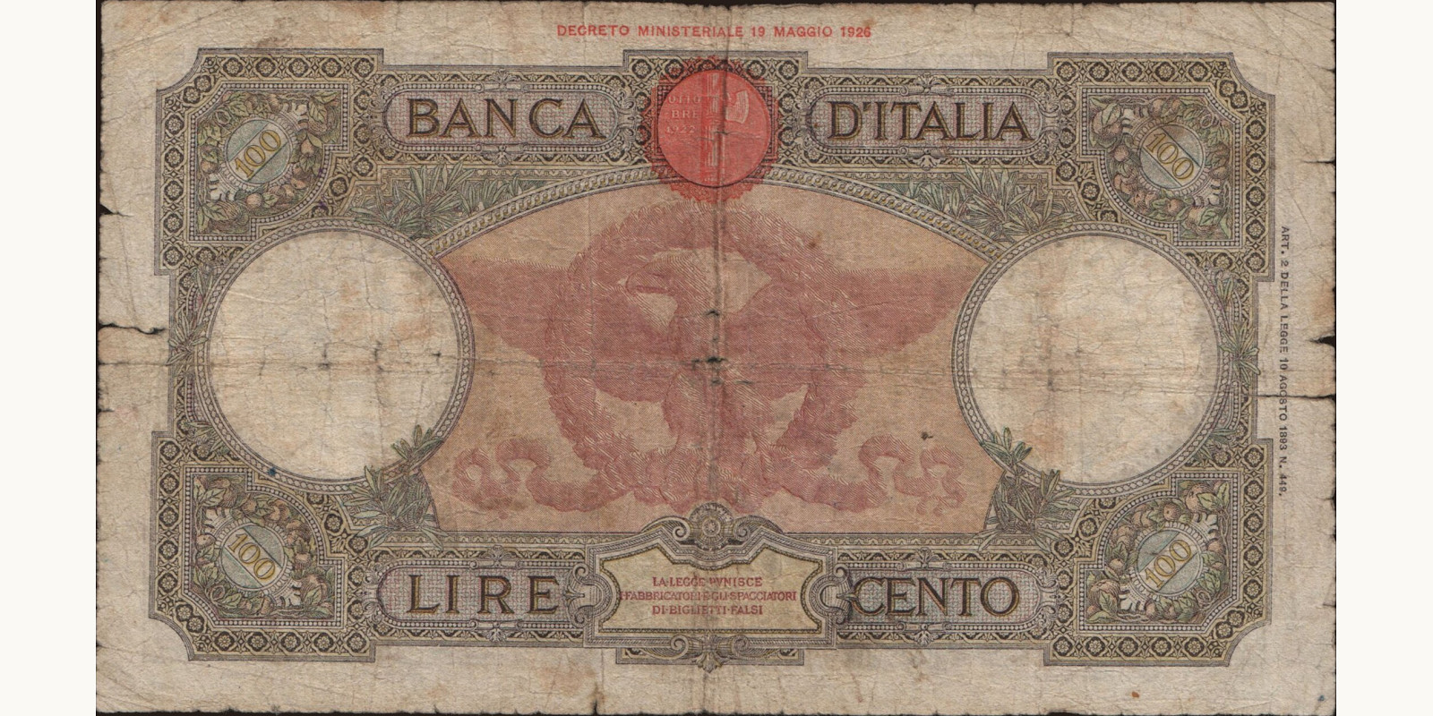 100 lira Italy 1940 — Back side