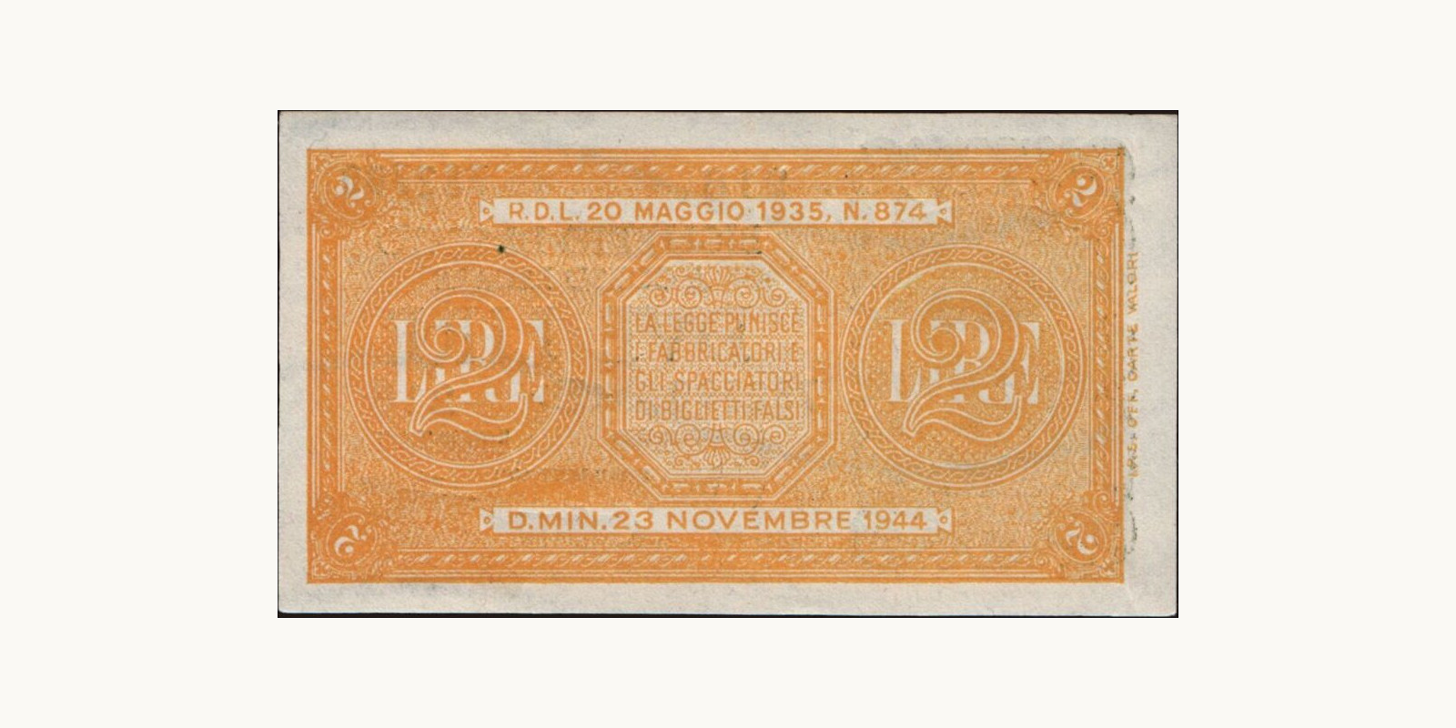 2 lira Italy 1944 — Back side