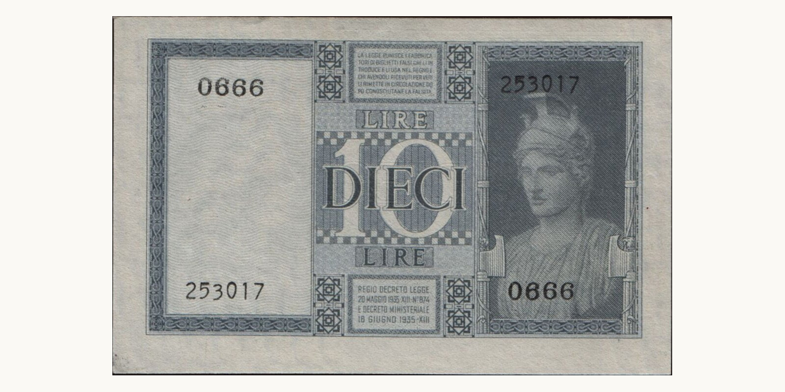 10 lira Италия 1939 — Оборотная сторона