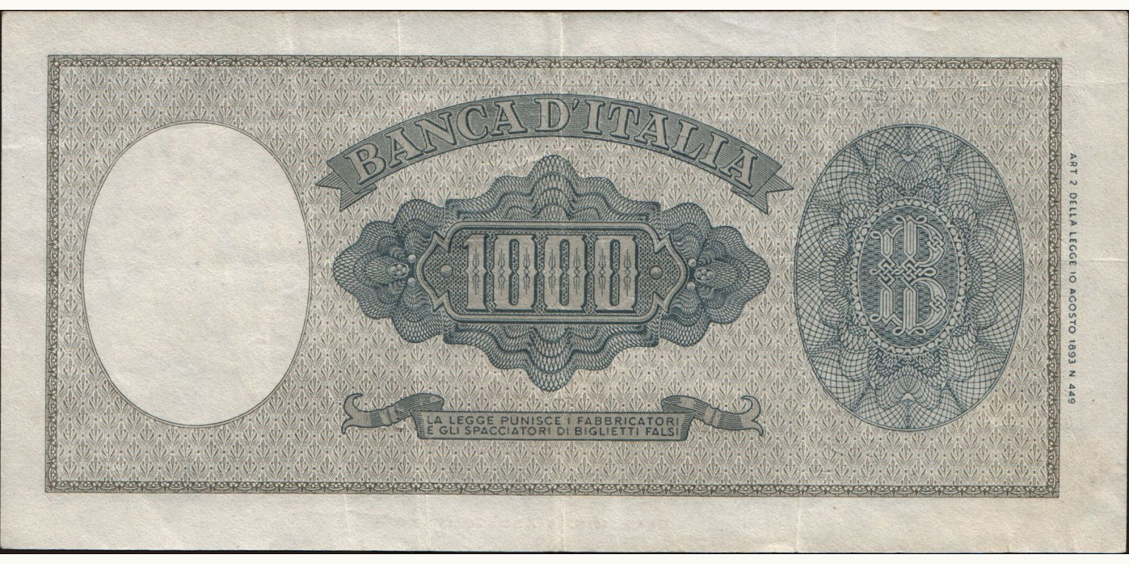 1000 lira Italy 1959 — Back side