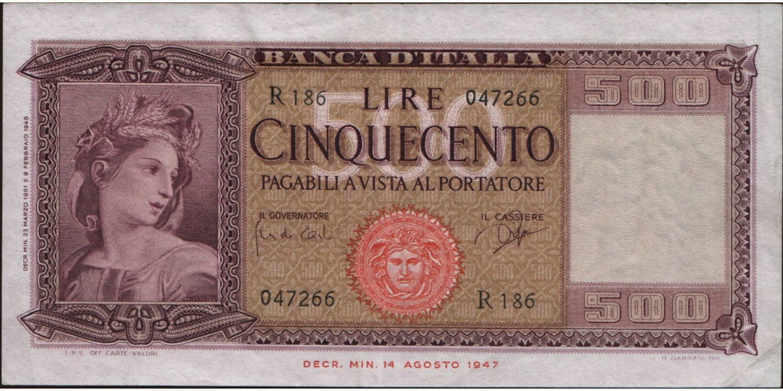 500 lira Италия 1961 — Лицевая сторона