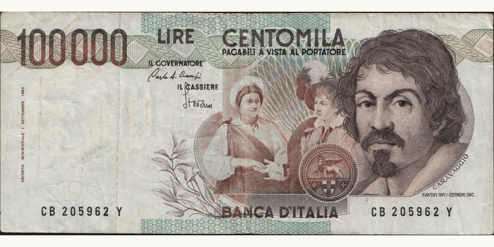 100000 lira Италия 1985 — Лицевая сторона