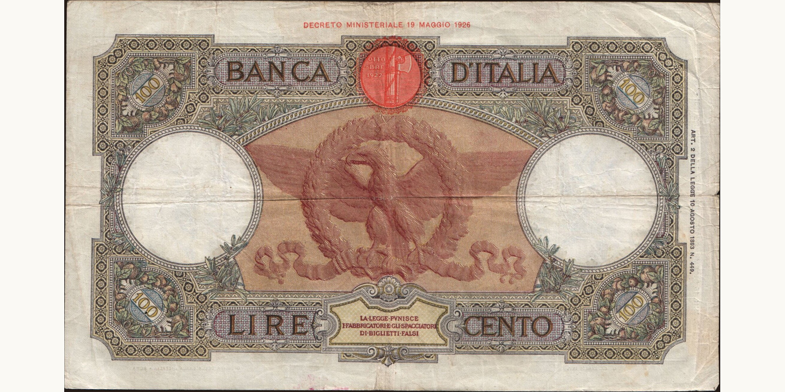 100 lira Italy 1936 — Back side