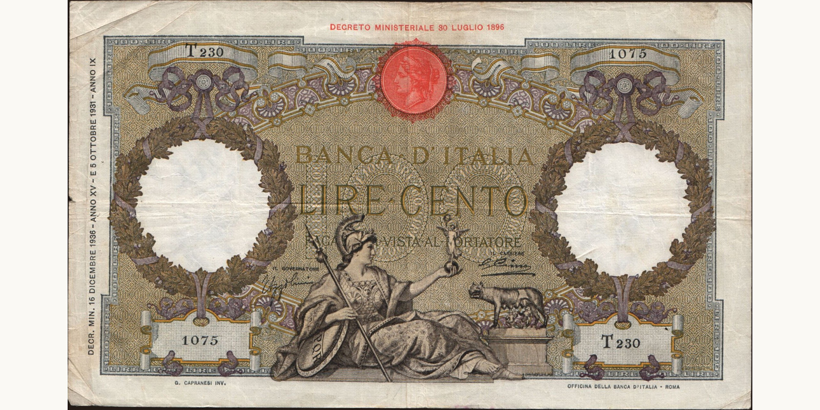 100 lira Italy 1936 — Front side