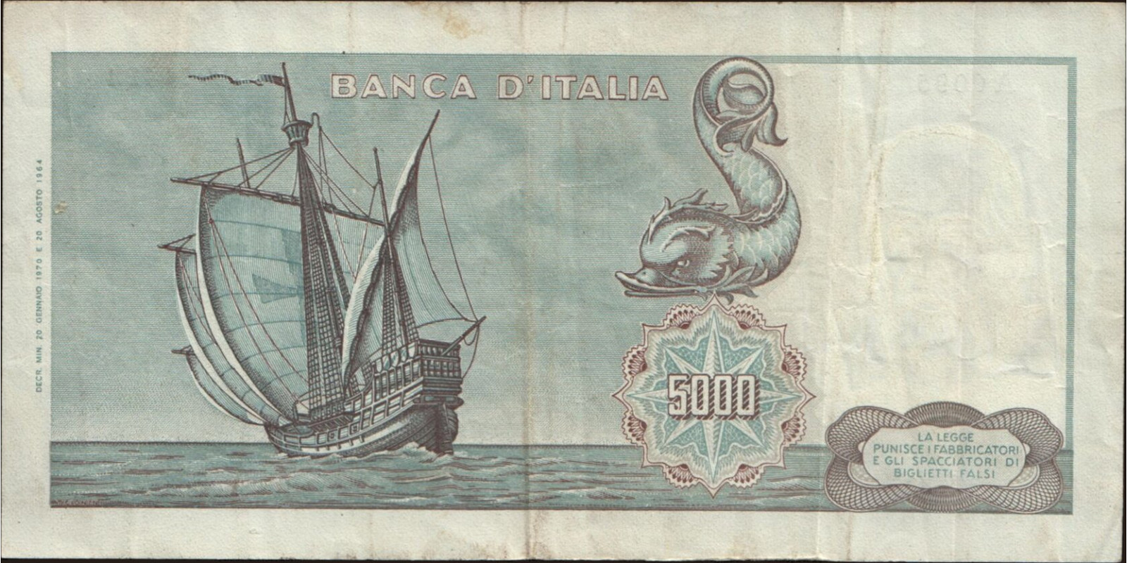 5000 lira Италия 1970 — Оборотная сторона