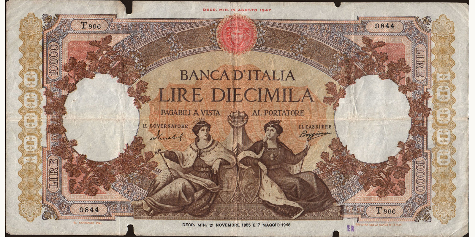 10000 lira Италия 1955 — Лицевая сторона